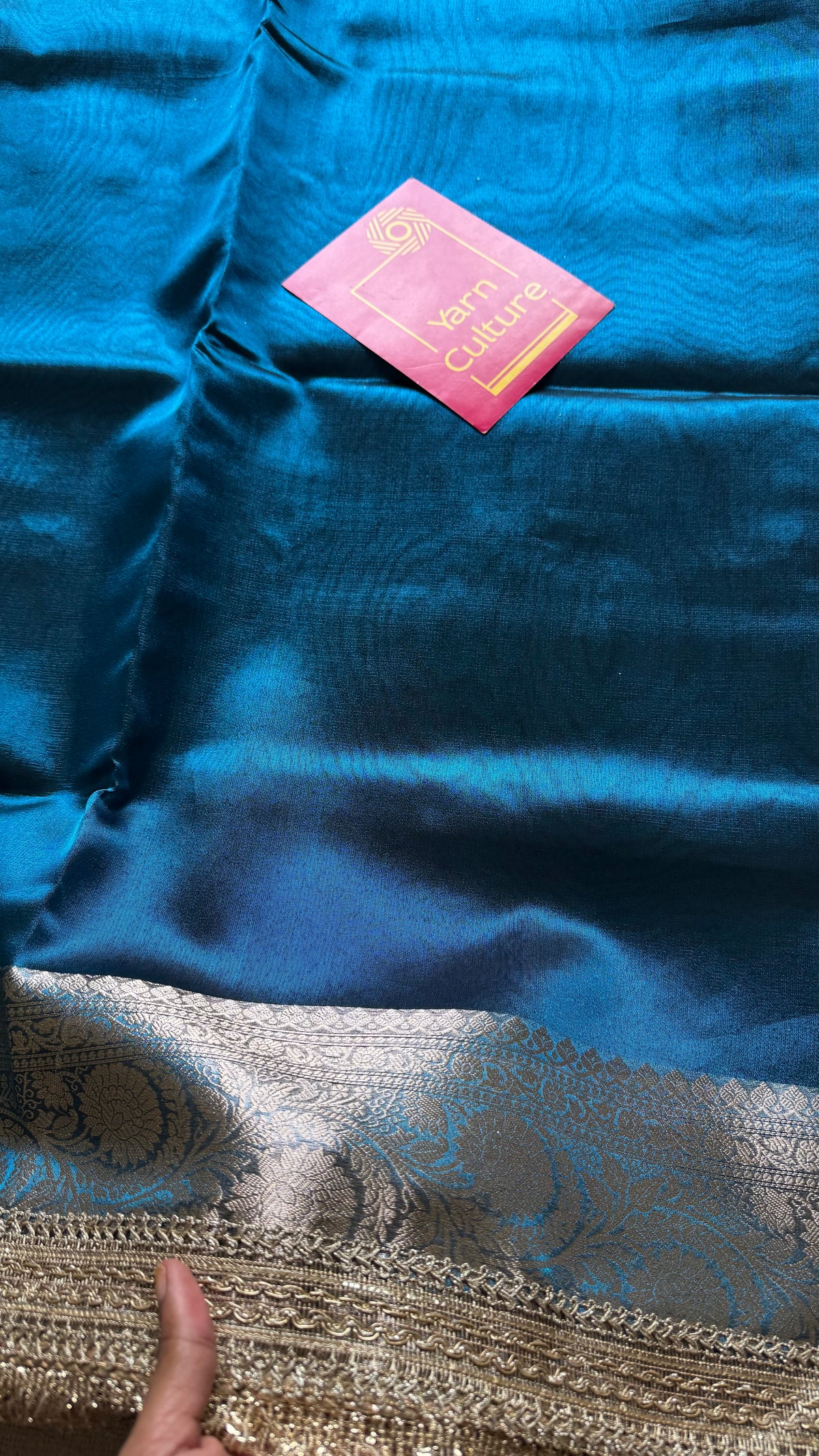 Peacock blue tissue Banarasi saree with embellished gold lace border - YCBLTOC77