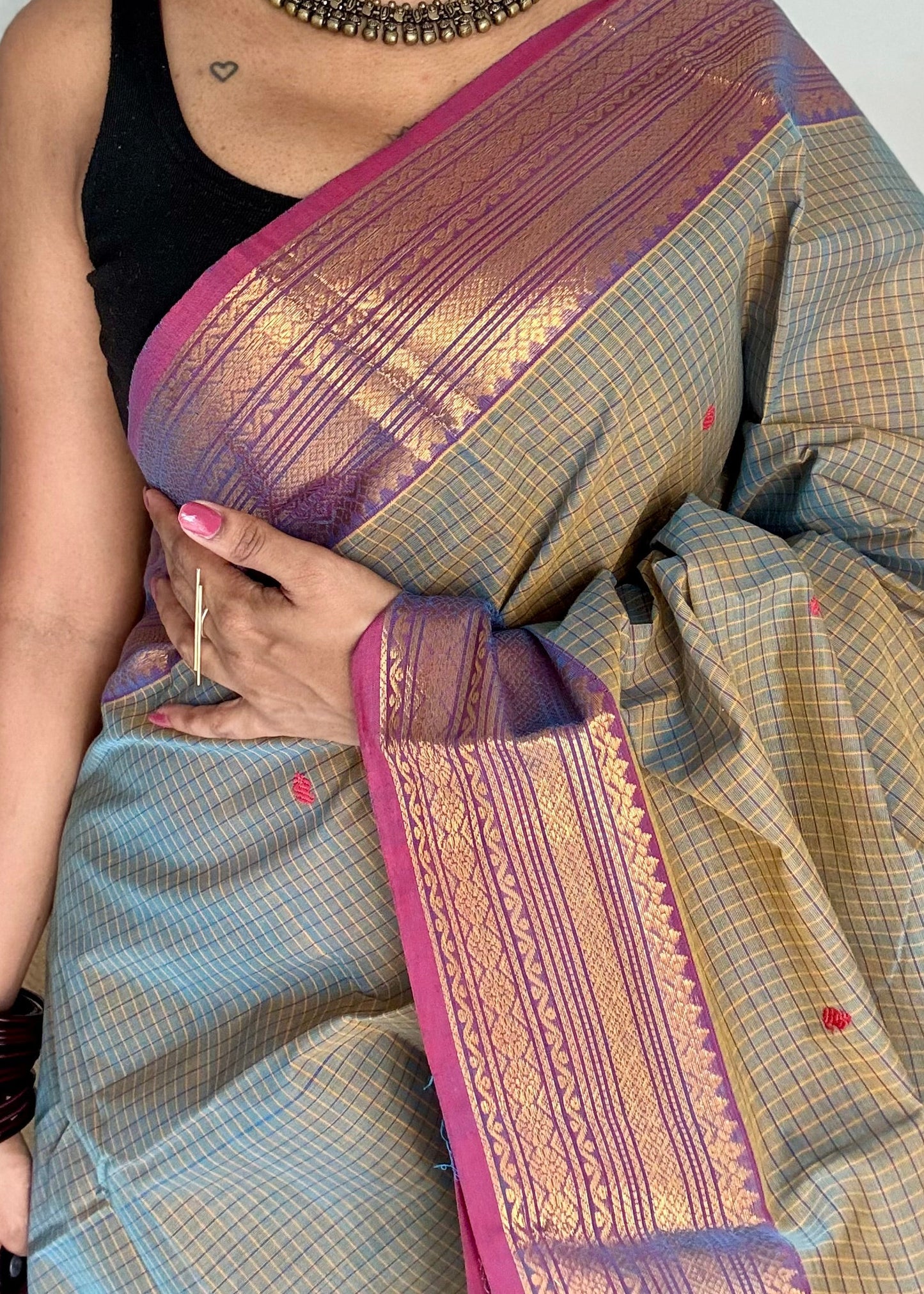 Grey and magenta purple contrast, checkered Chettinad cotton saree - YCCOTNMA263