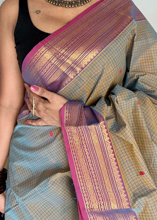 Grey and magenta purple contrast, checkered Chettinad cotton saree - YCCOTNMA263