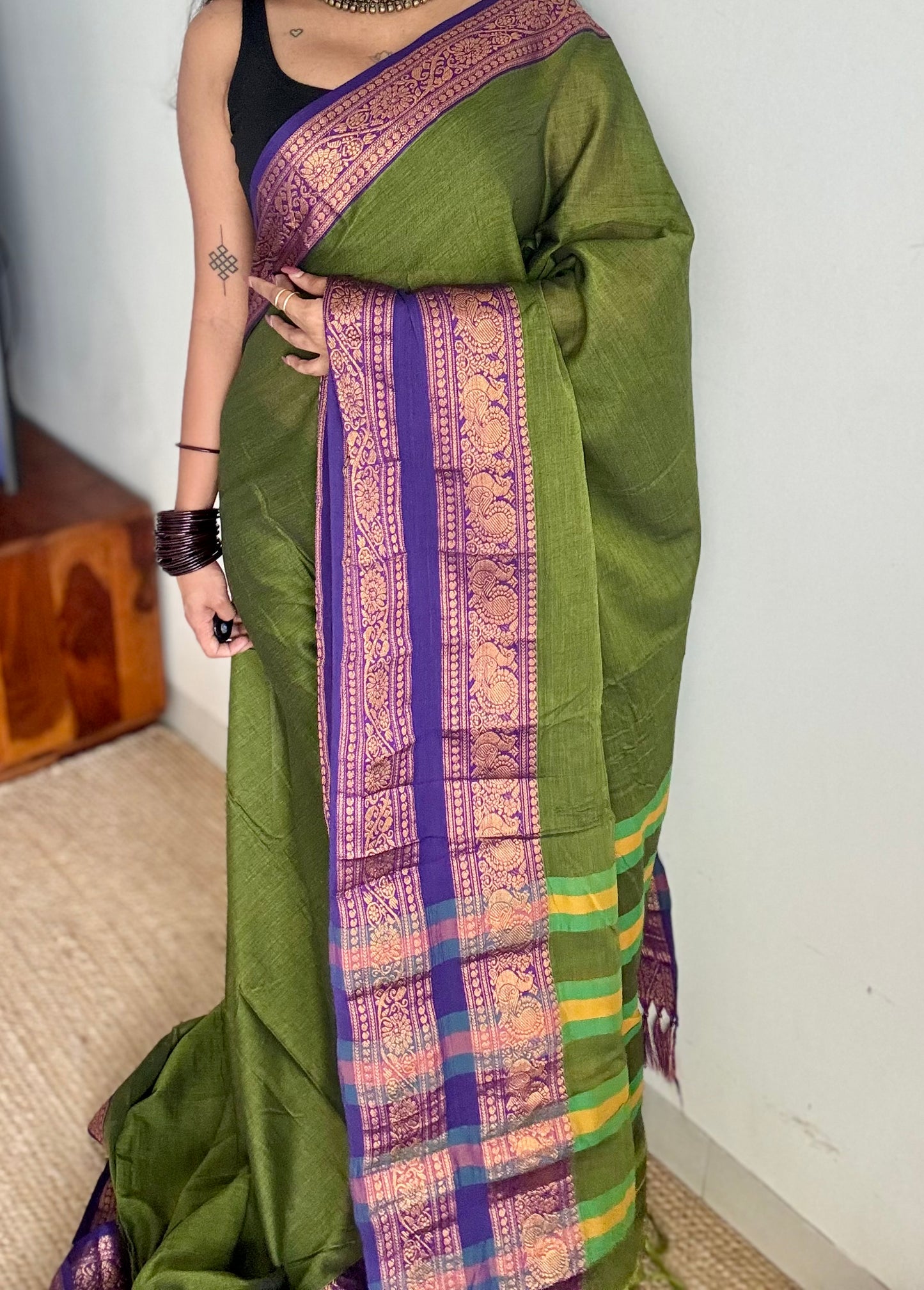 Green with purple wide border, narayanpet soft cotton saree - YCWOTDAUG03