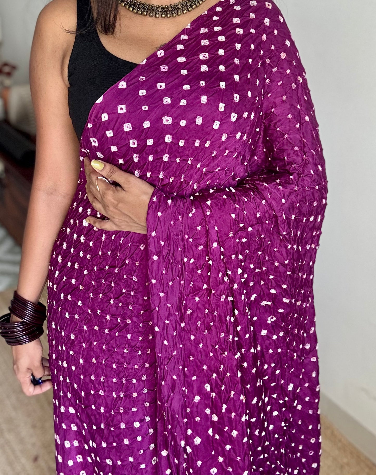 Purple pink (vadamalli) crushed bandhej pure modal silk saree with lagdi patta zari pallu - YCTOKBM329