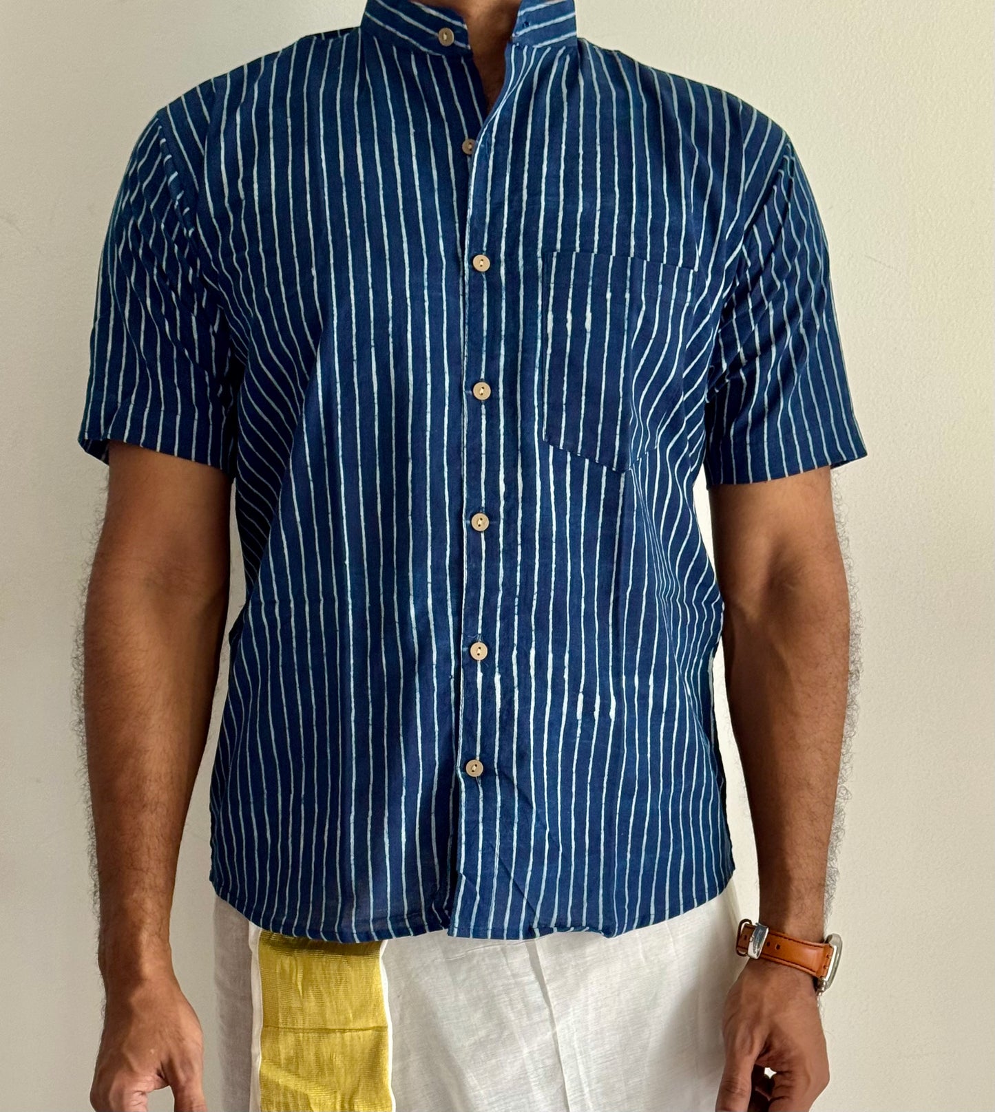 Indigo Striped Block Printed Cotton Men's Half Sleeve Mandarin Collar Kurta Shirt - YCMSEIE186