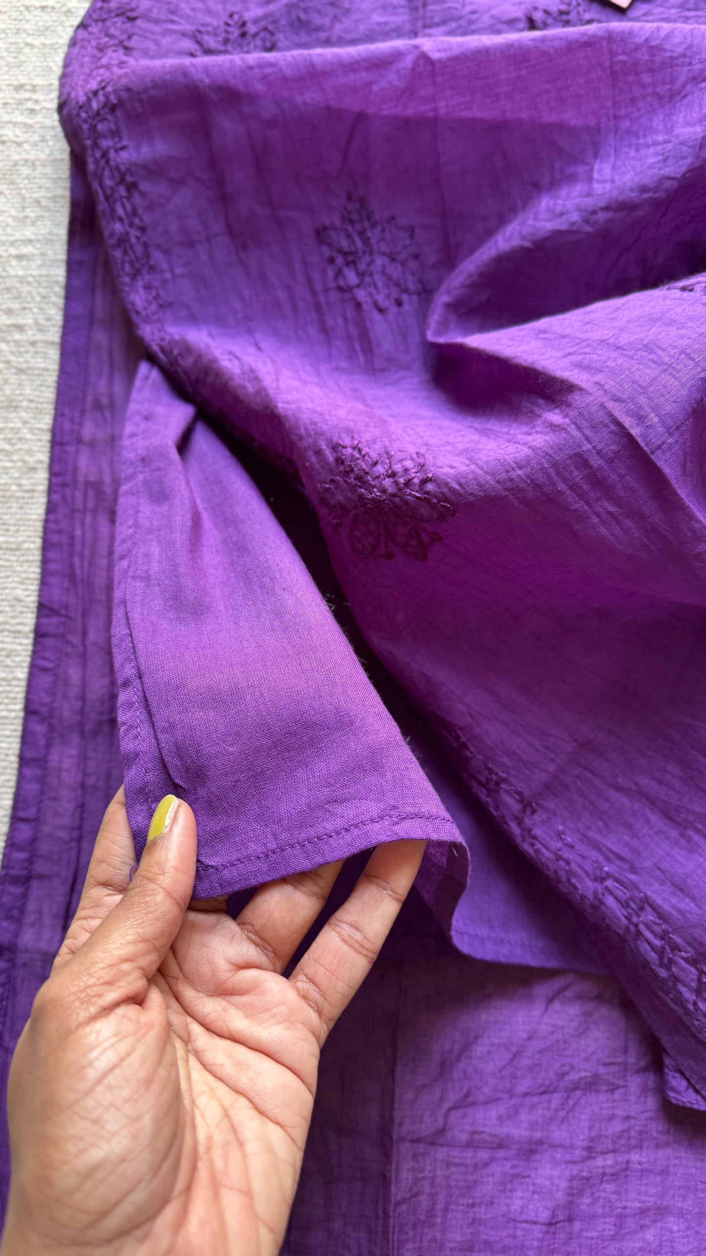 Purple muslin chanderi chikankari with bakhiya work, stitched kurta, round neck, three fourth sleeves - YCSECK25