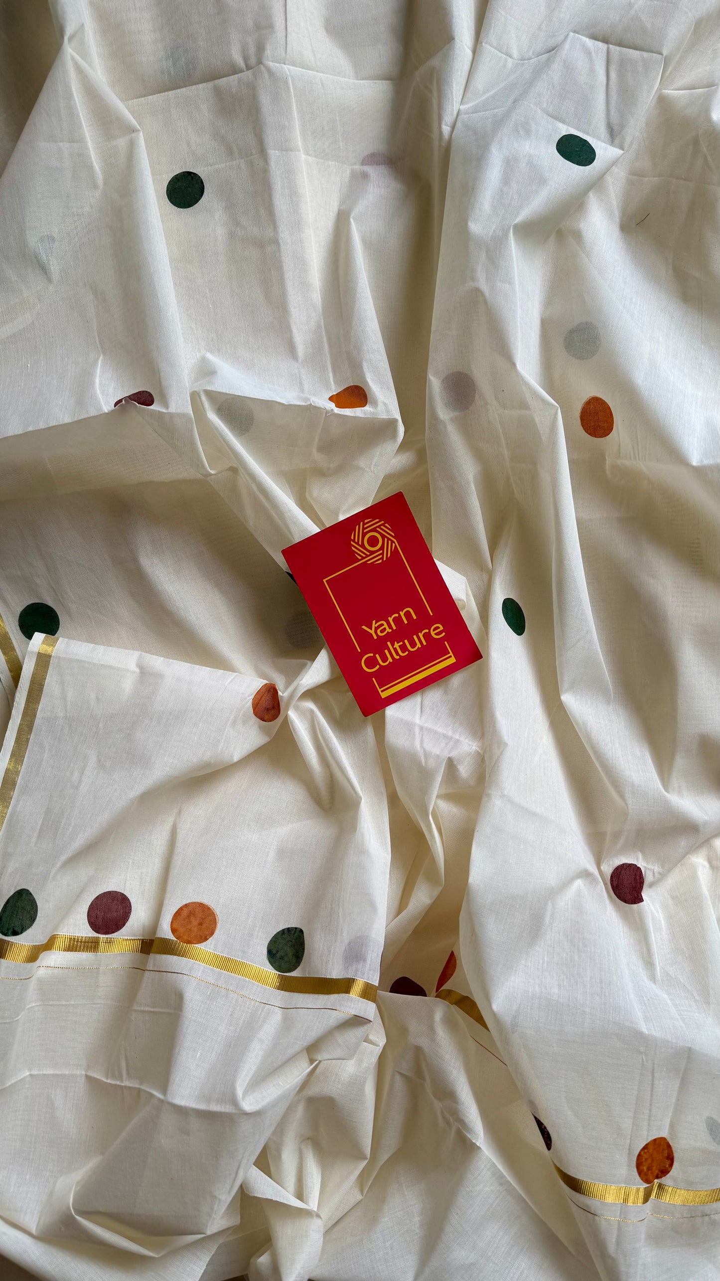 Ivory and gold soft cotton thin border kasavu saree, maroon, green and mustard polka - YCIEON74