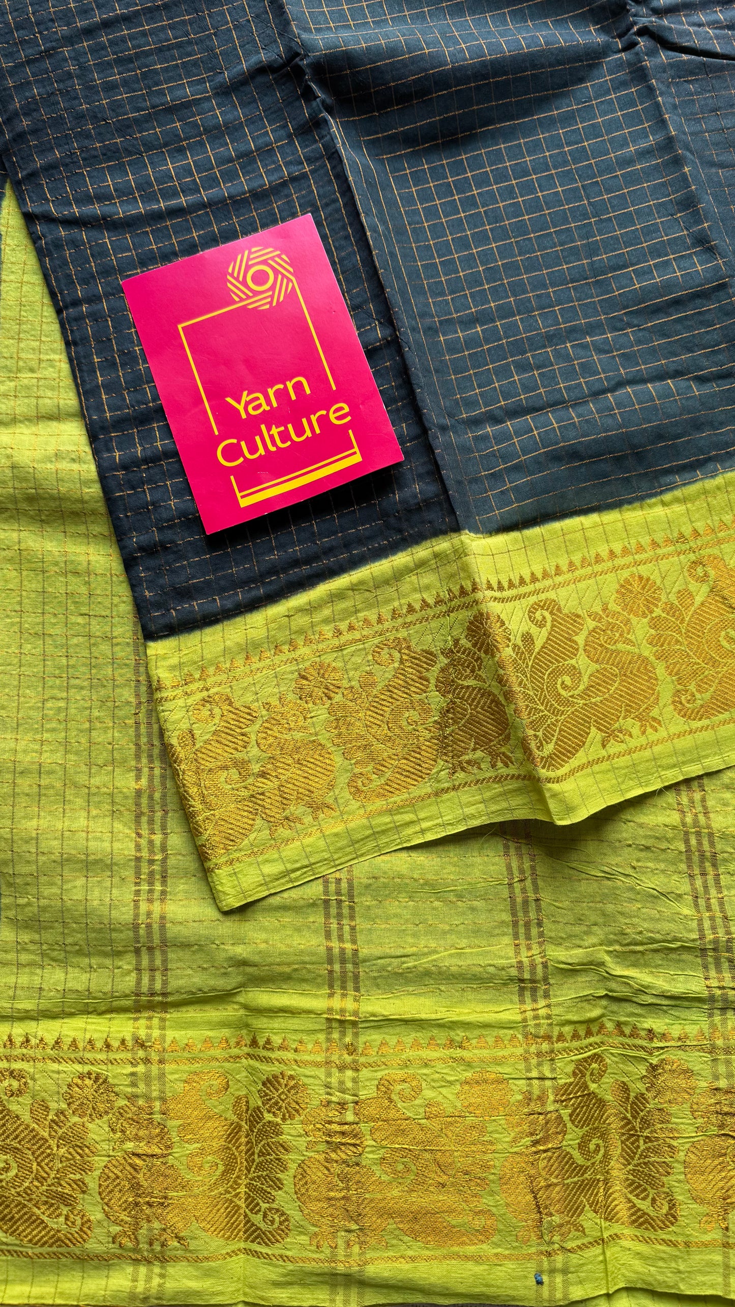 Black with lime green checkered sungudi, madurai cotton - YCCOTNSUDE44