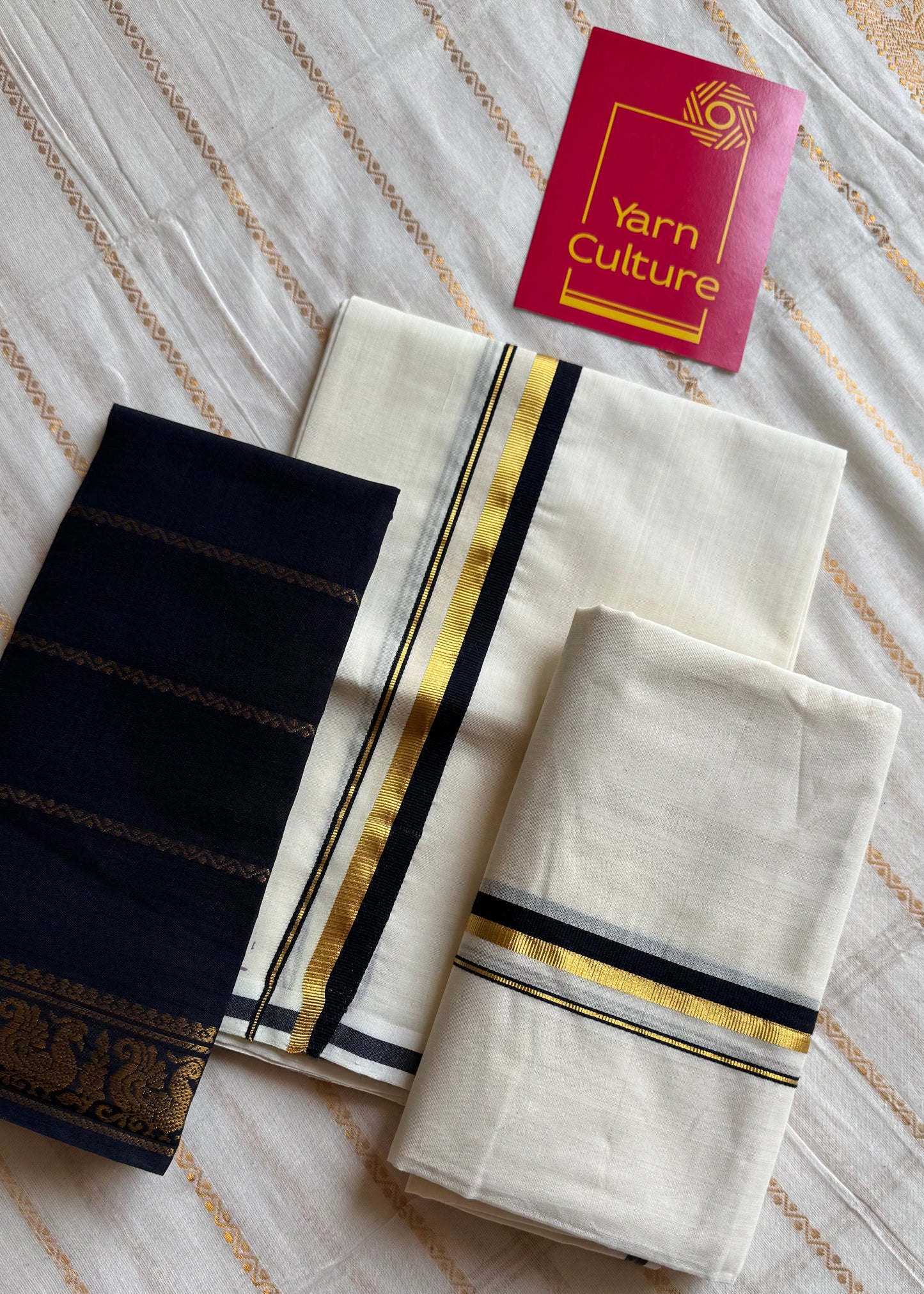 Set mund, handwoven from Chendamangalam looms, black and gold - YCIEON145