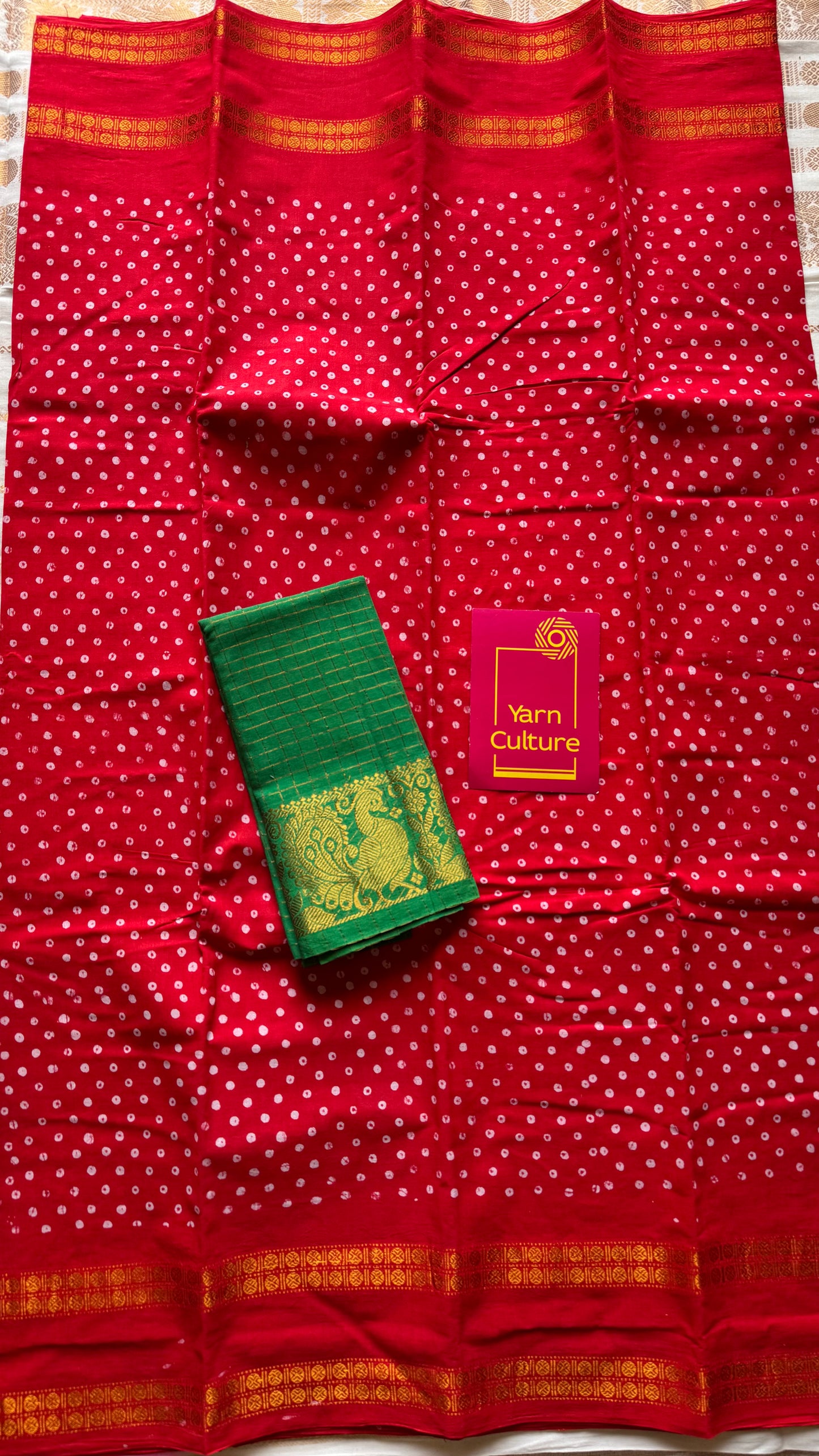 Chilli red, wax dot printed sungudi, kattuchayam dyed madurai cotton - YCCOTNMSAP155