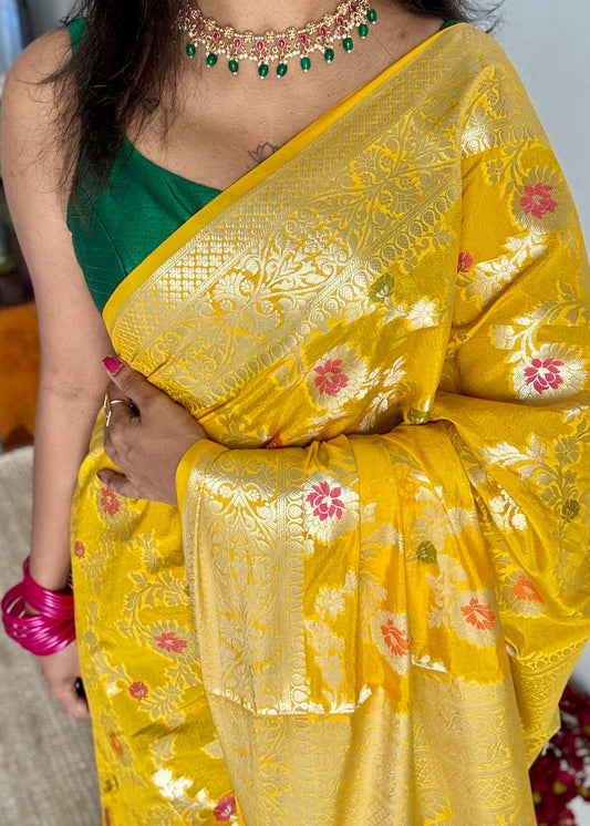 Yellow meenakari floral pattern in silver zari, Banarasi katan dupion silk - YCDESE11