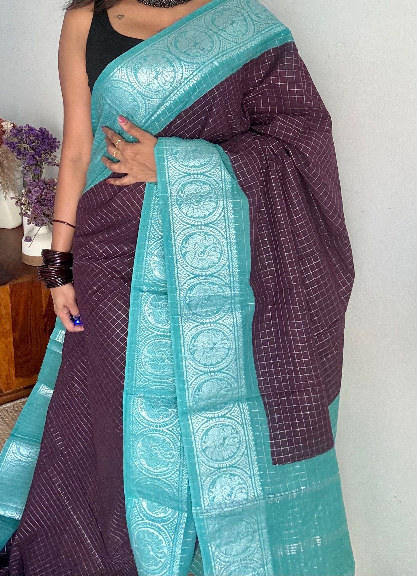 Purple brown with turquoise, silver zari checkered sungudi, kattuchayam dyed madurai cotton - YCCOTNMSAP106