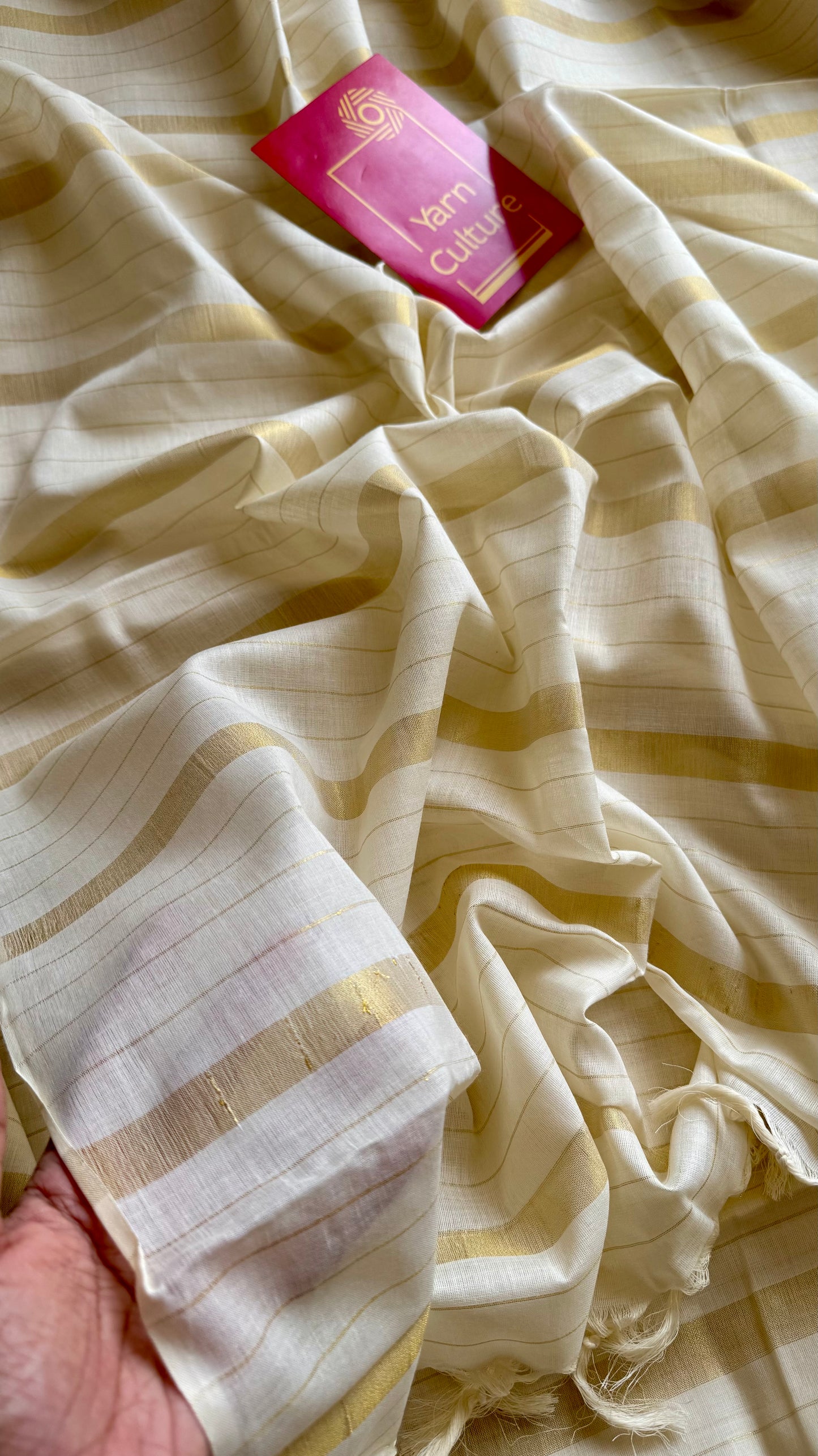 Ivory and gold kerala saree with gold stripes - YCIEON44