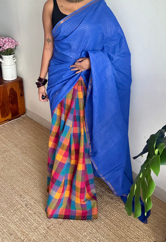 Blue with multicoloured madras checks, cotton half and half saree - YCCOTNIDOC160