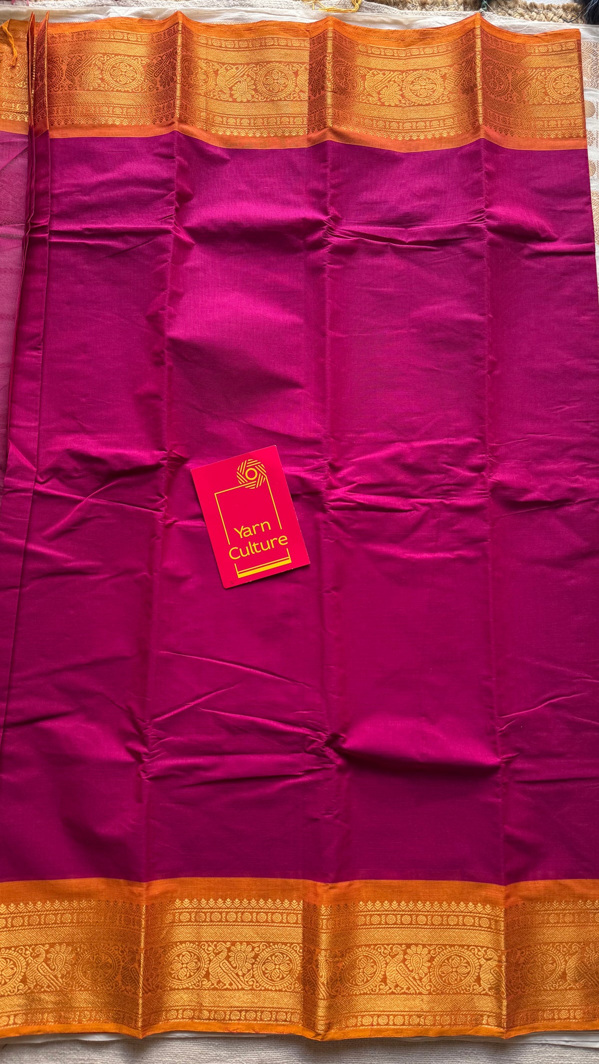 Magenta with turmeric yellow zari border chettinad cotton saree - YCCOTNCKSE17