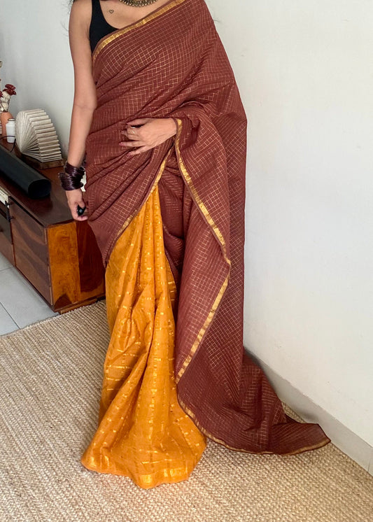 Brown with turmeric yellow, sungudi cotton half-half saree - YCCOTNIDMA315