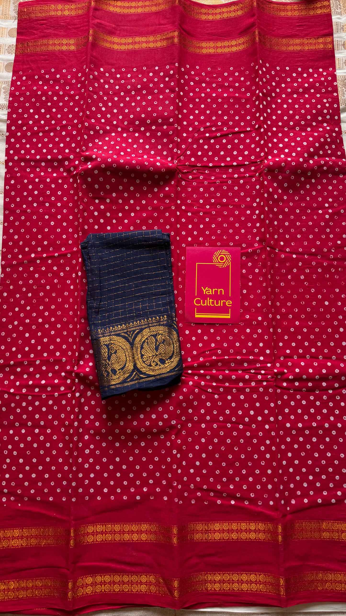 Red, wax dot printed sungudi, kattuchayam dyed madurai cotton - YCCOTNMSAP153