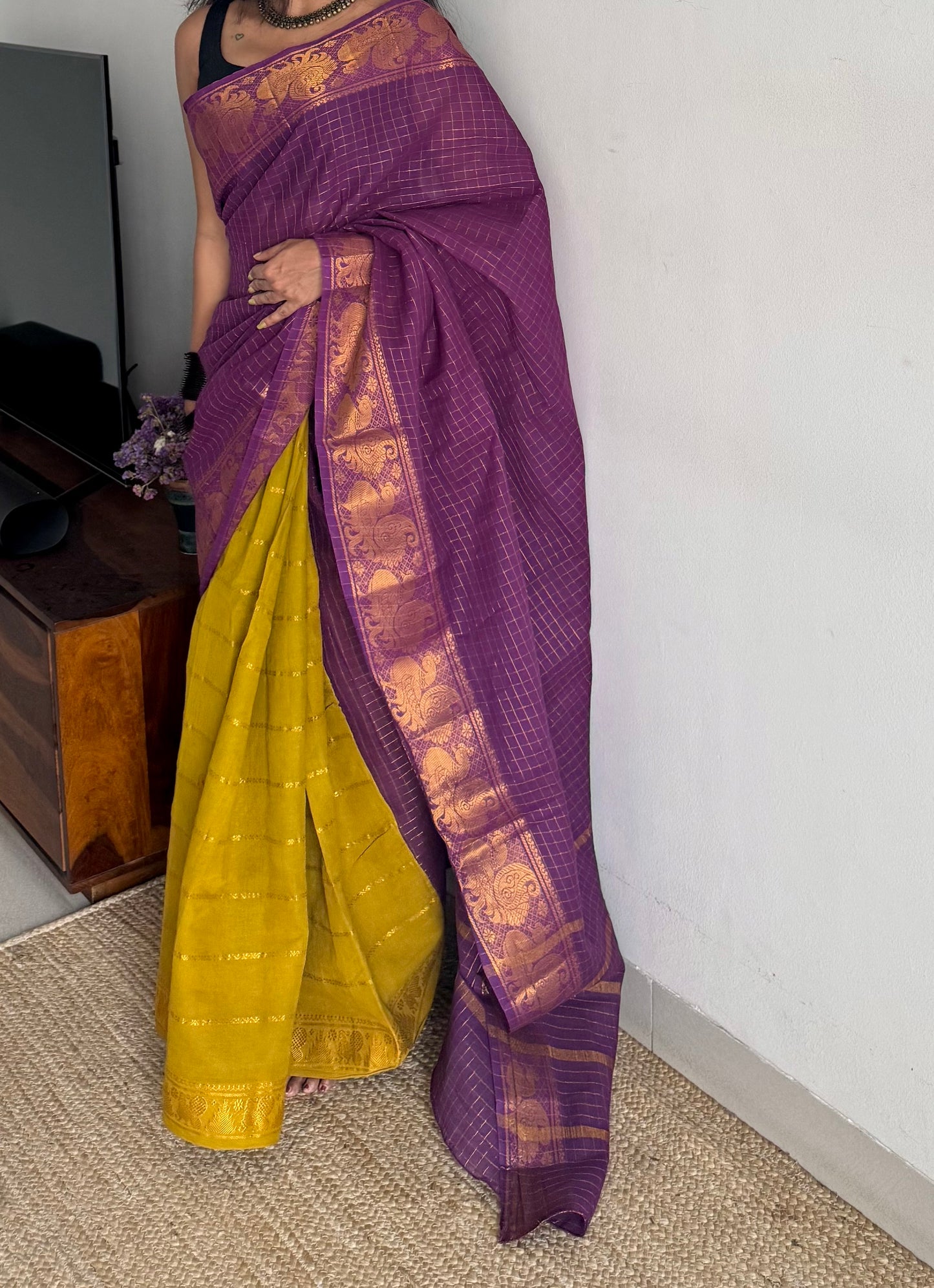 Purple with light green, sungudi cotton half-half saree - YCCOTNMSFE357