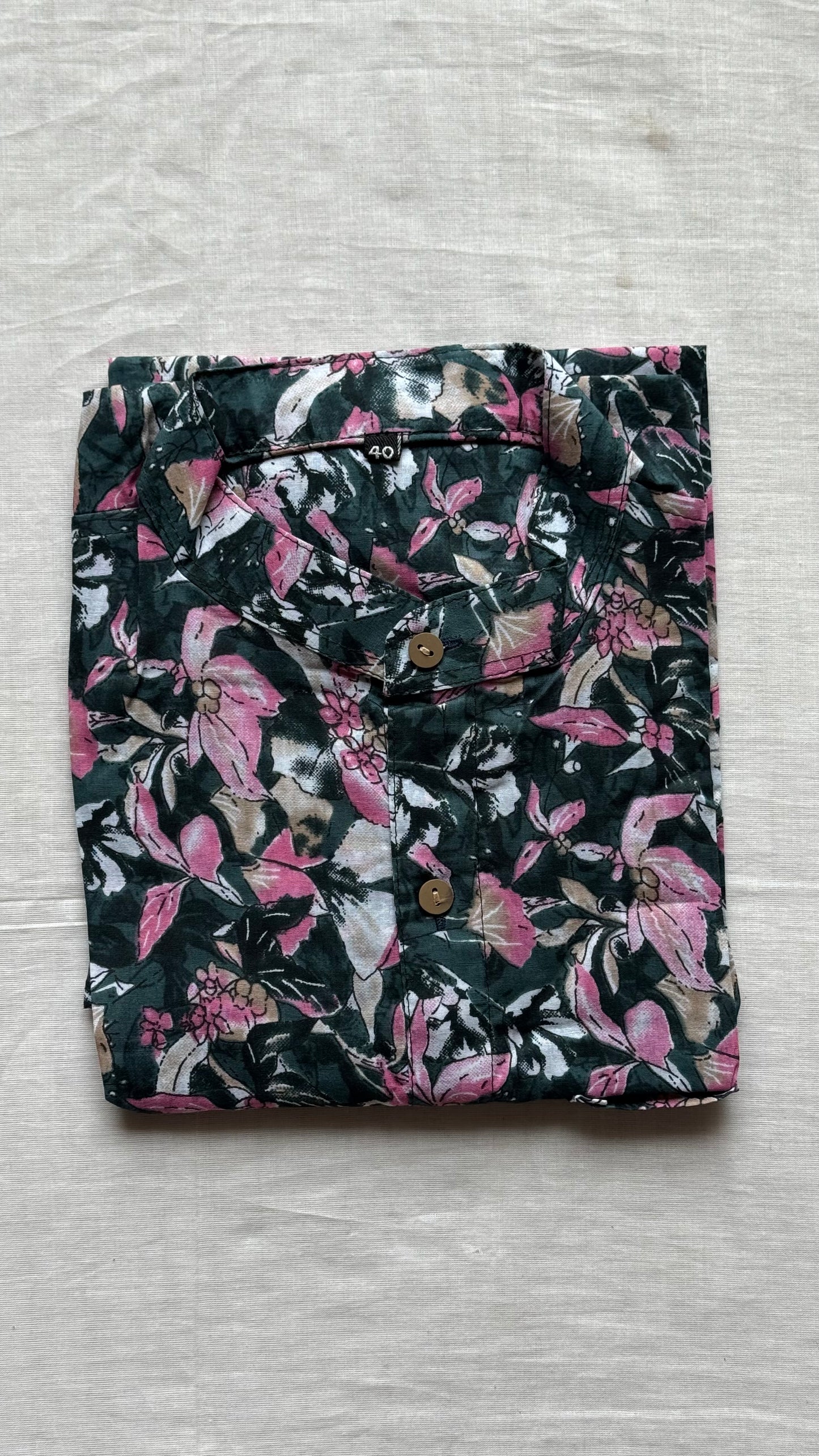 Green & Pink Floral Block Printed Cotton Men's Mandarin Collar Kurta Shirt - YCMSEIE194