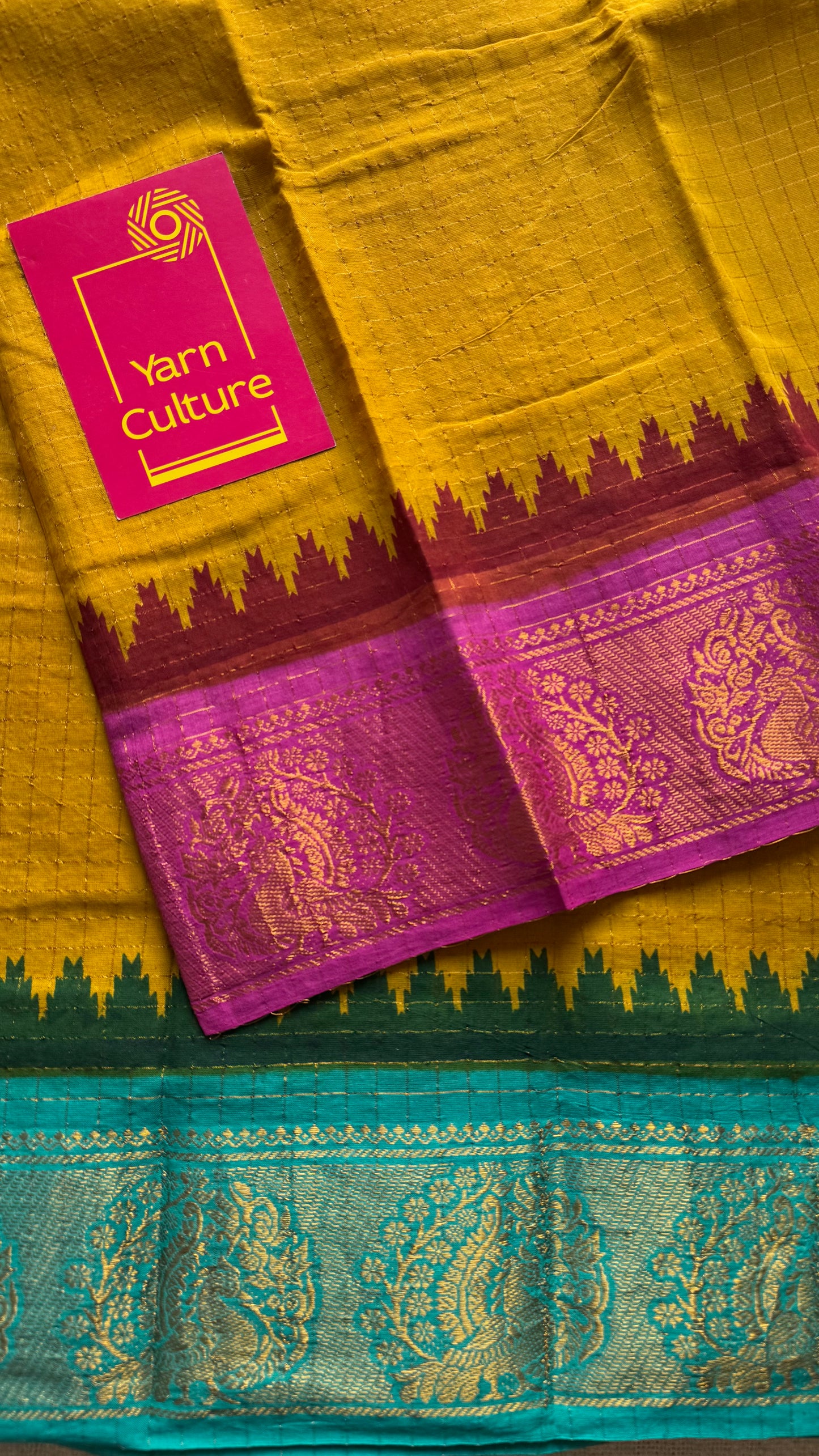 Sungudi cotton checks, mustard yellow base, turquoise and magenta dual tone border, soft cotton - YCCOTNGJJA179