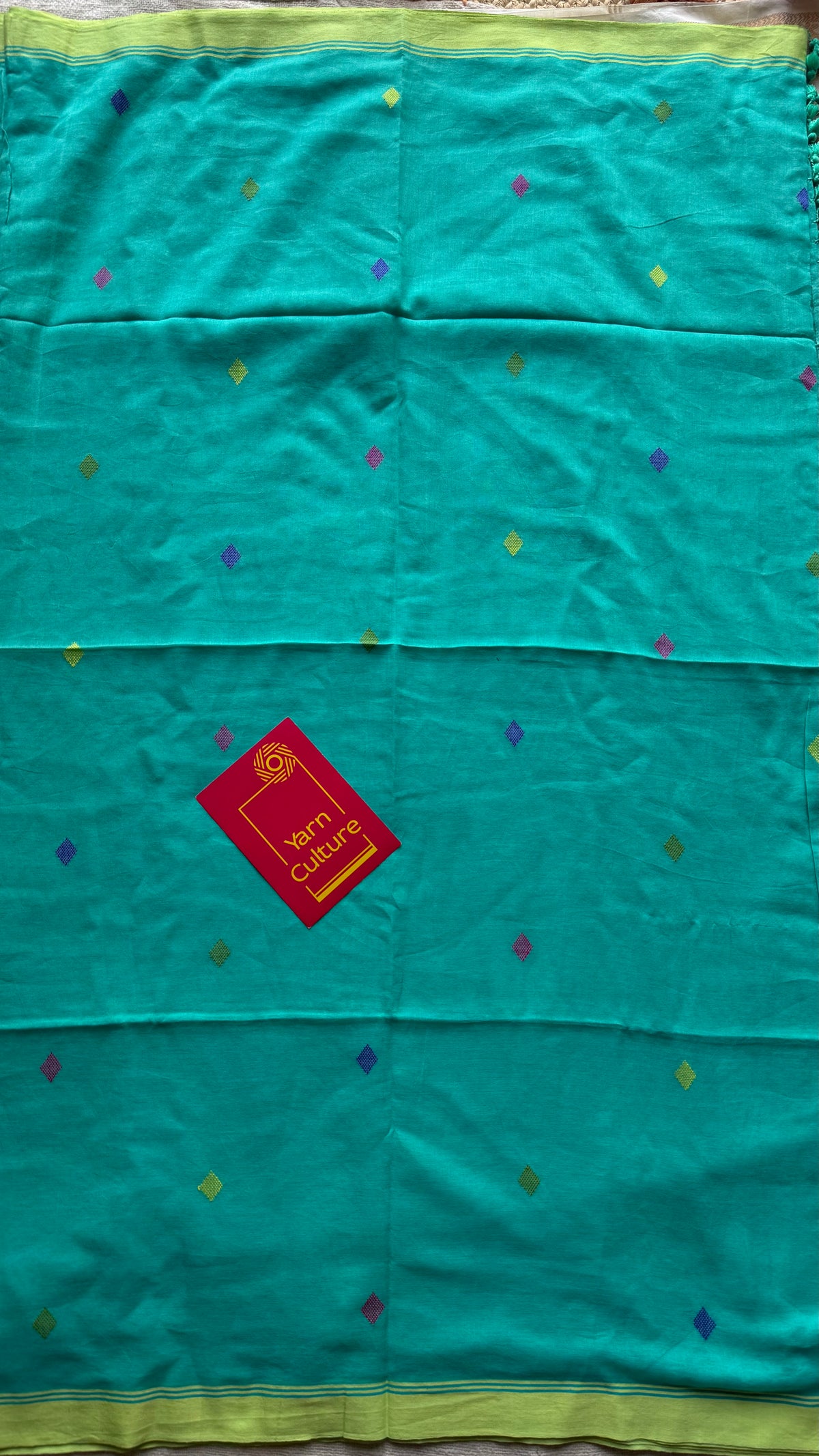 Handloom Bengal soft cotton saree, turquoise with woven buttas and lime green borders - YCBCMCSE38