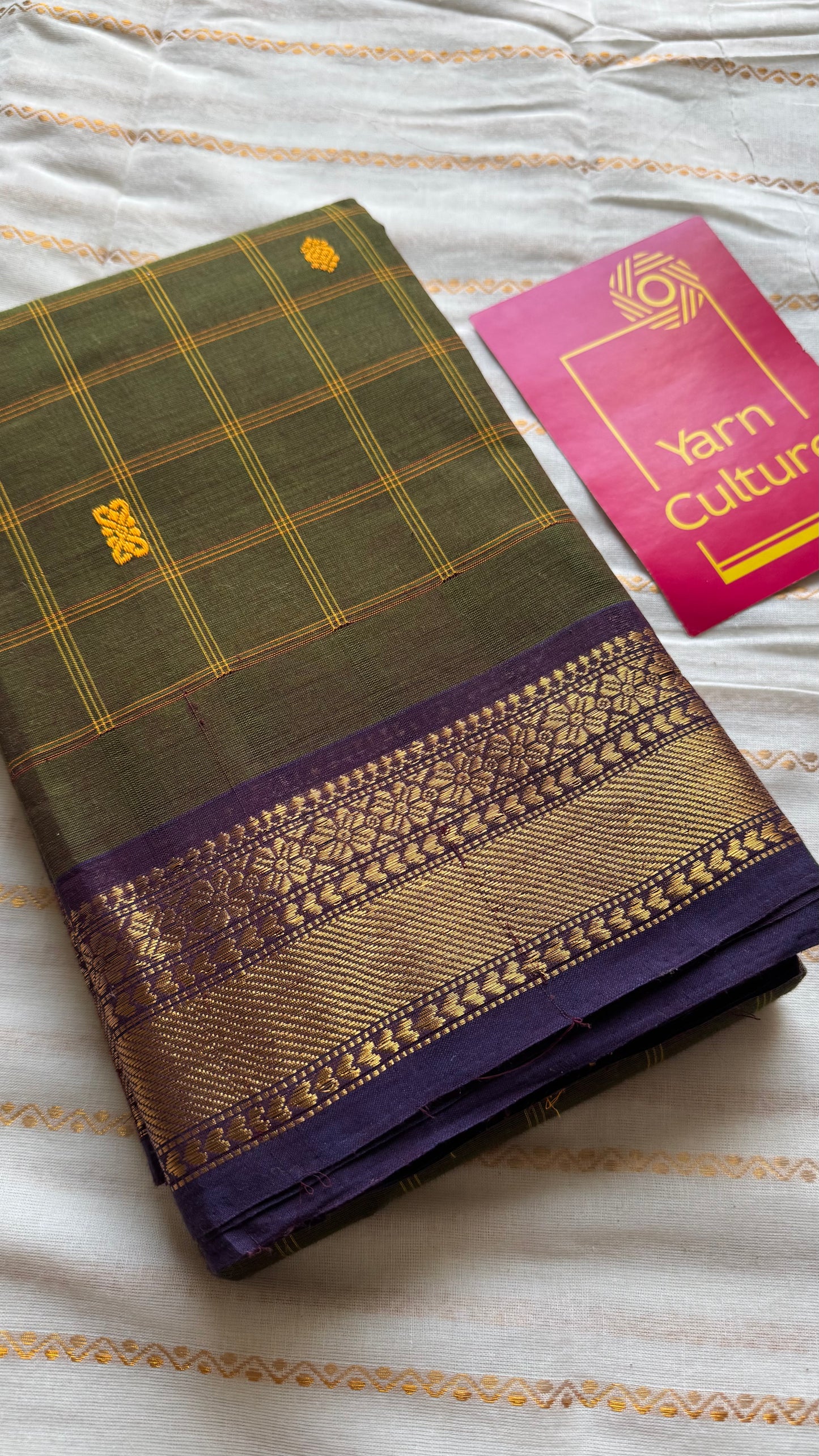 Dark green and purple contrast, checkered Chettinad cotton saree - YCCOTNMA265