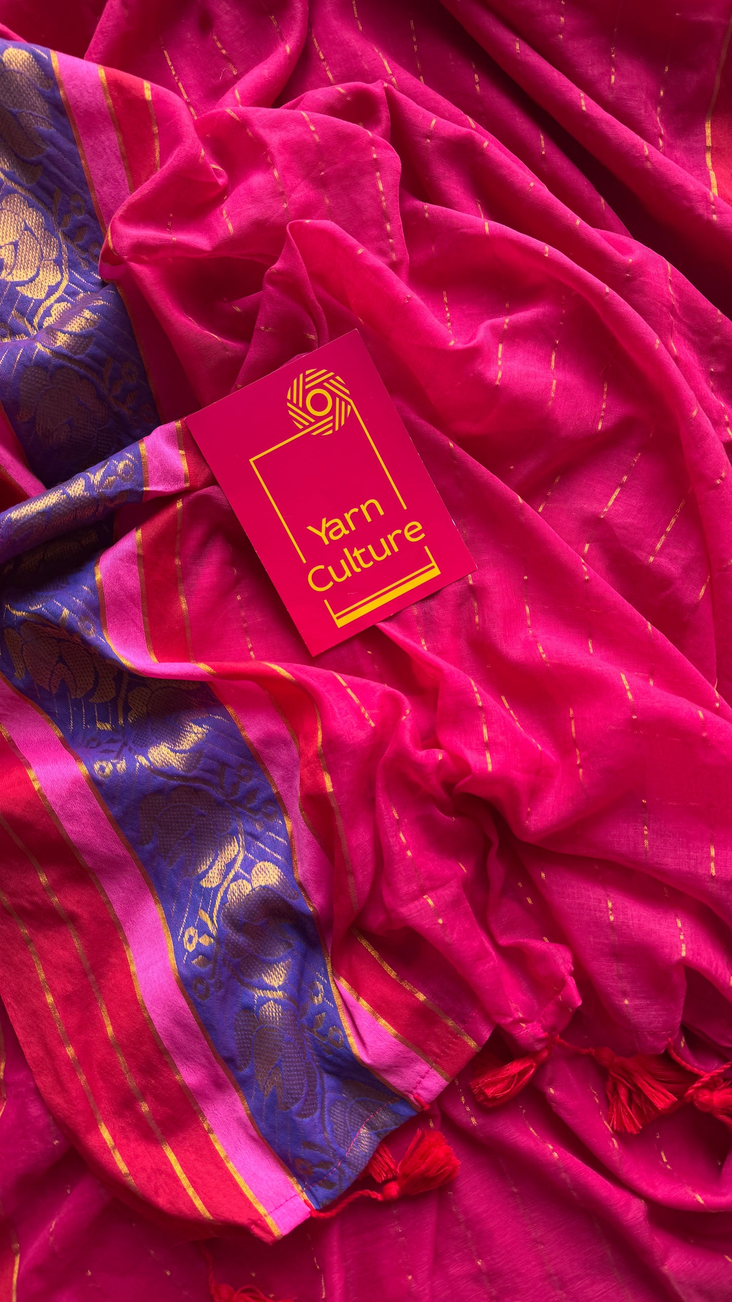 Rani pink mul with red and purple brocade border - YCBCMCNO71