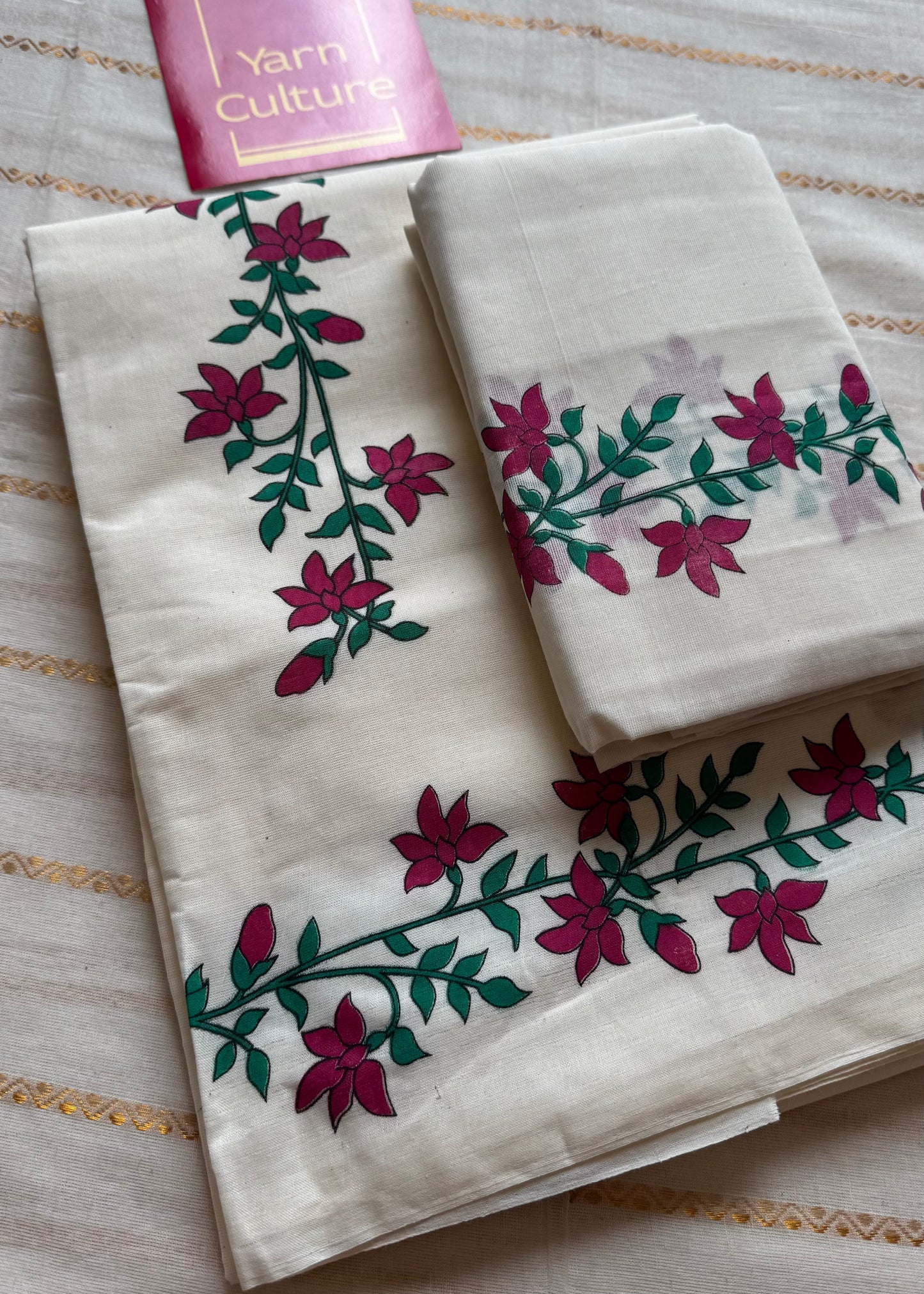Set mund (double), dark pink and green floral vines  - YCIEON128