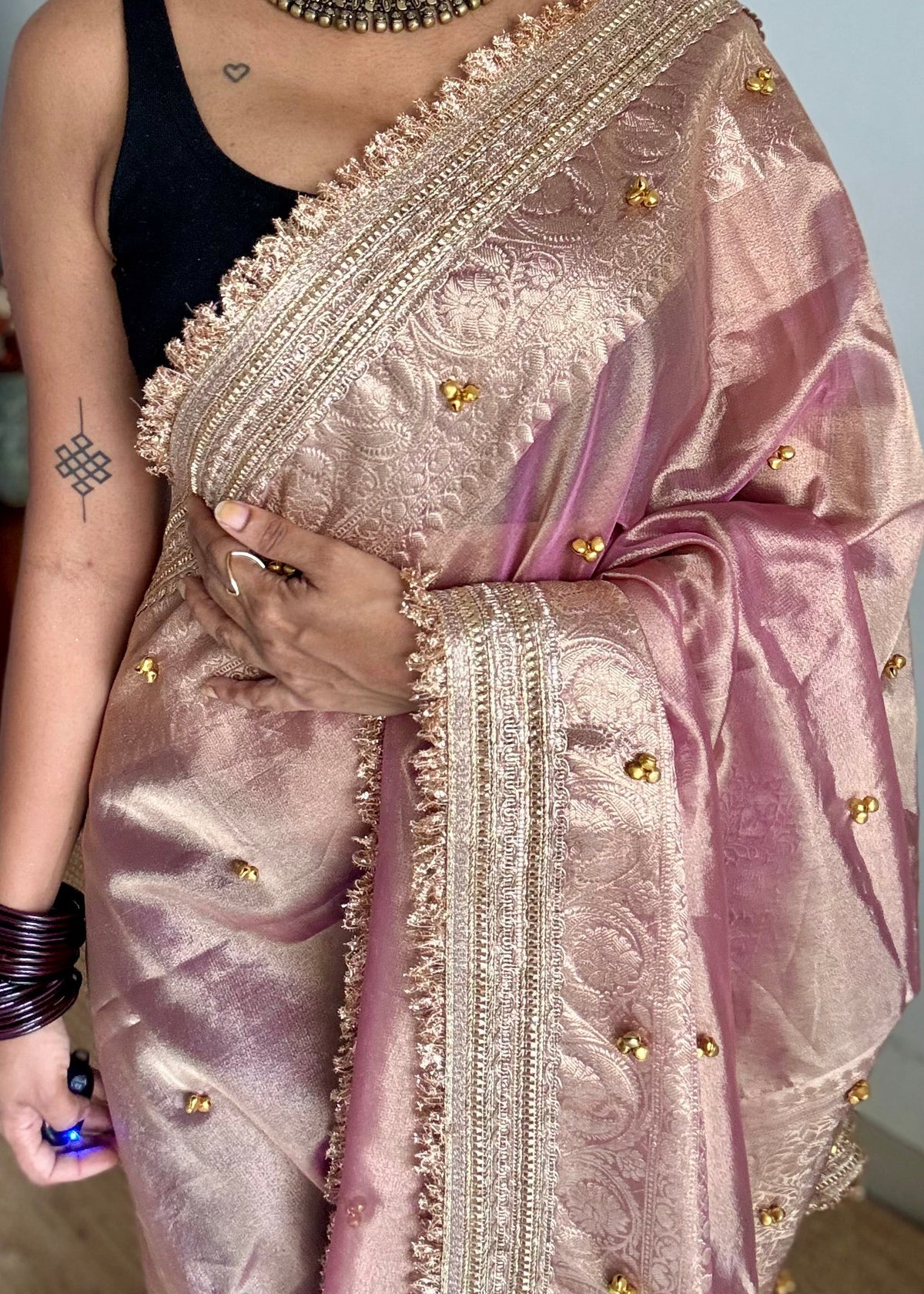 Pink gold tissue Banarasi saree with ghungroo embellishments and zari border - YCBLTOC71
