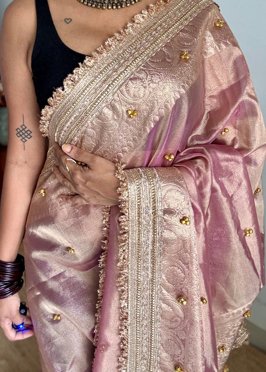 Pink gold tissue Banarasi saree with ghungroo embellishments and zari border - YCBLTOC71