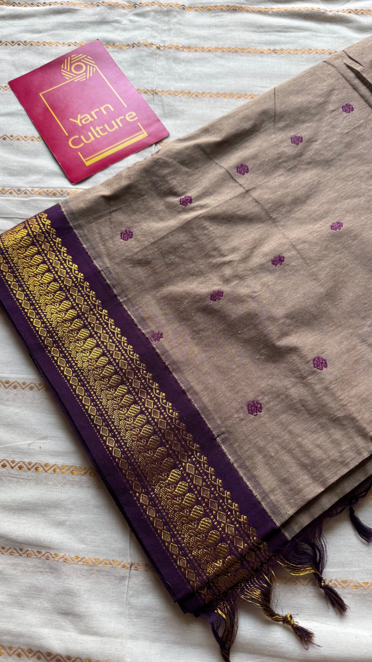 Warm grey with purple, cotton silk saree with zari border - YCCOTNKCOC107