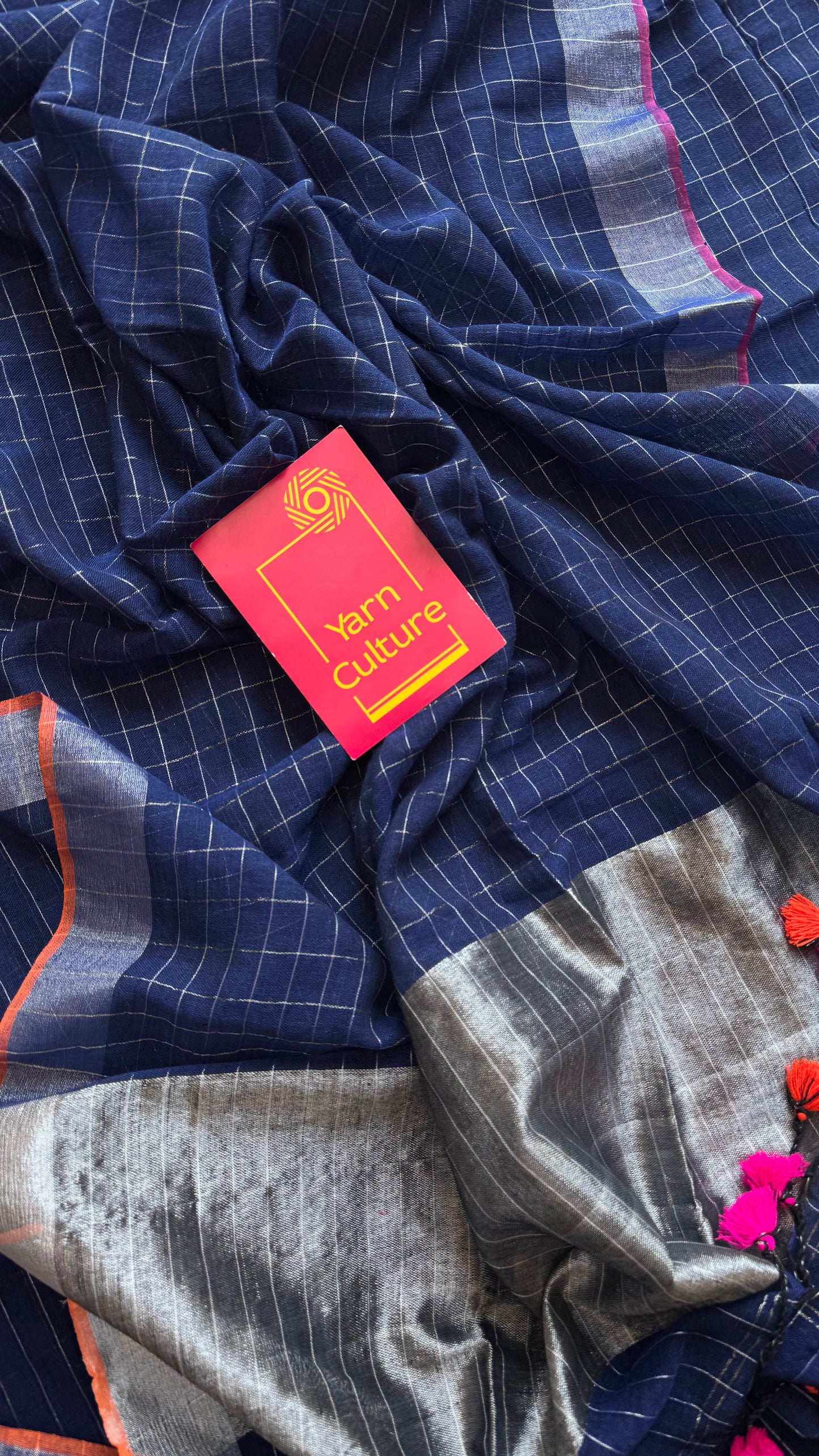 Navy blue linen by cotton saree, silver checks & zari pallu - YCBCLCFE392