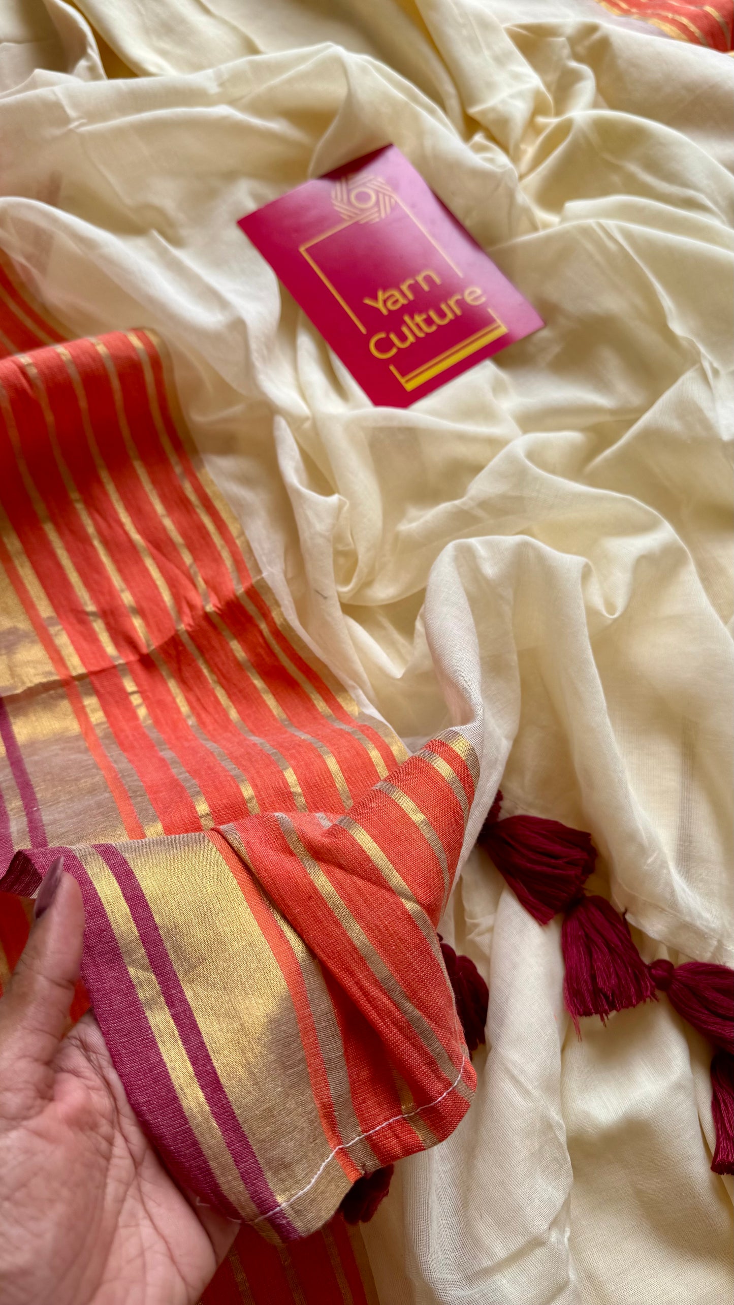 Ivory mul saree, orange with maroon striped border - YCIEON13