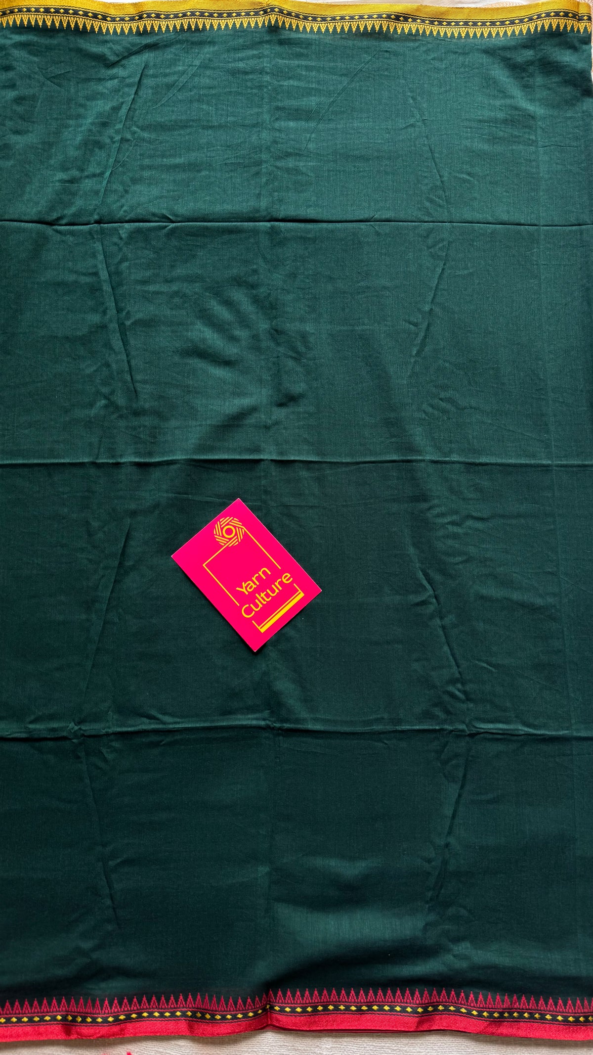 Handloom Bengal soft cotton saree, dark green with yellow and red woven dual tone borders - YCBCMCSE41