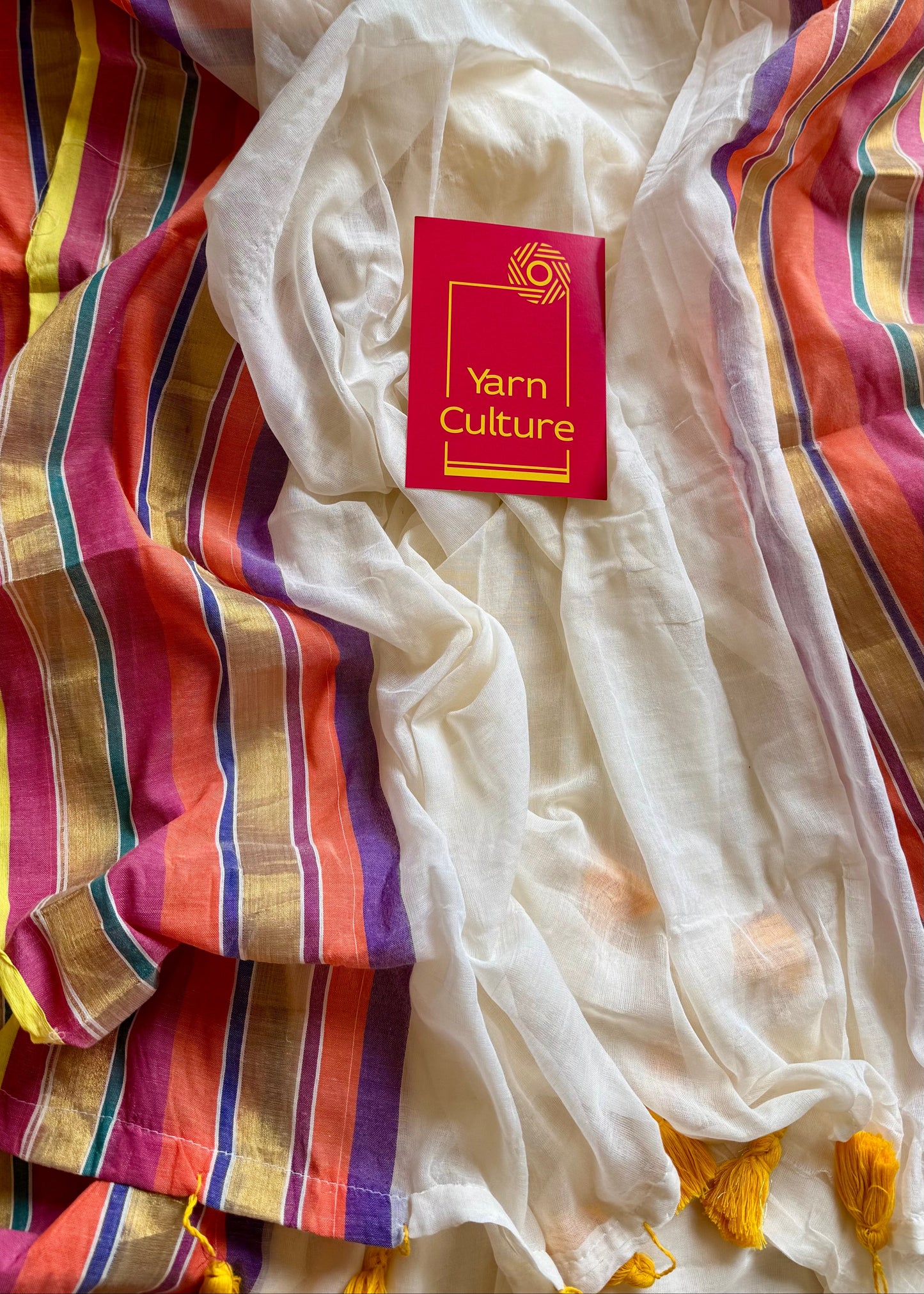 Ivory mul saree, multicoloured border - YCIEON34