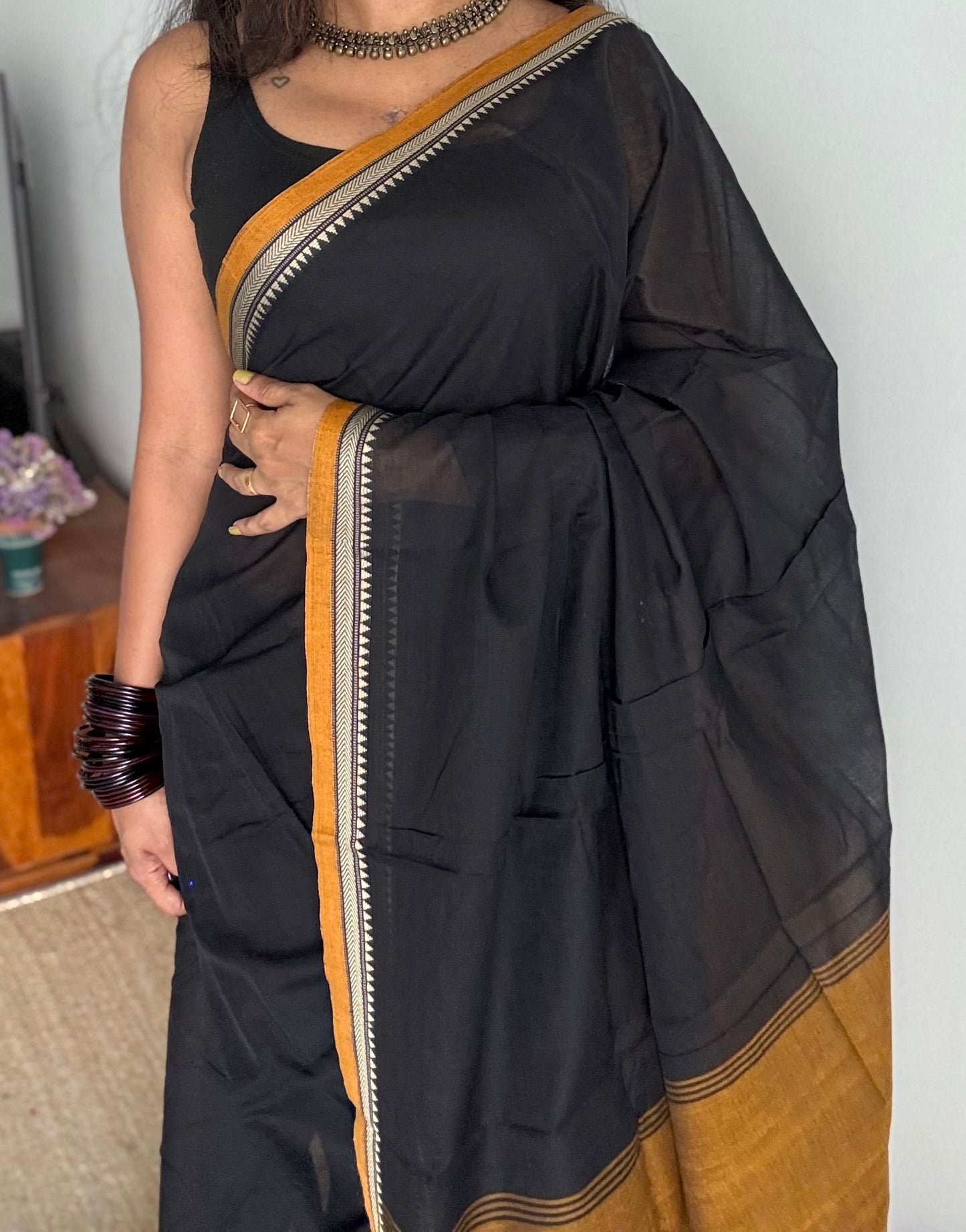 Black with dark yellow border narayanpet saree, soft cotton - YCWOTDNPFE29