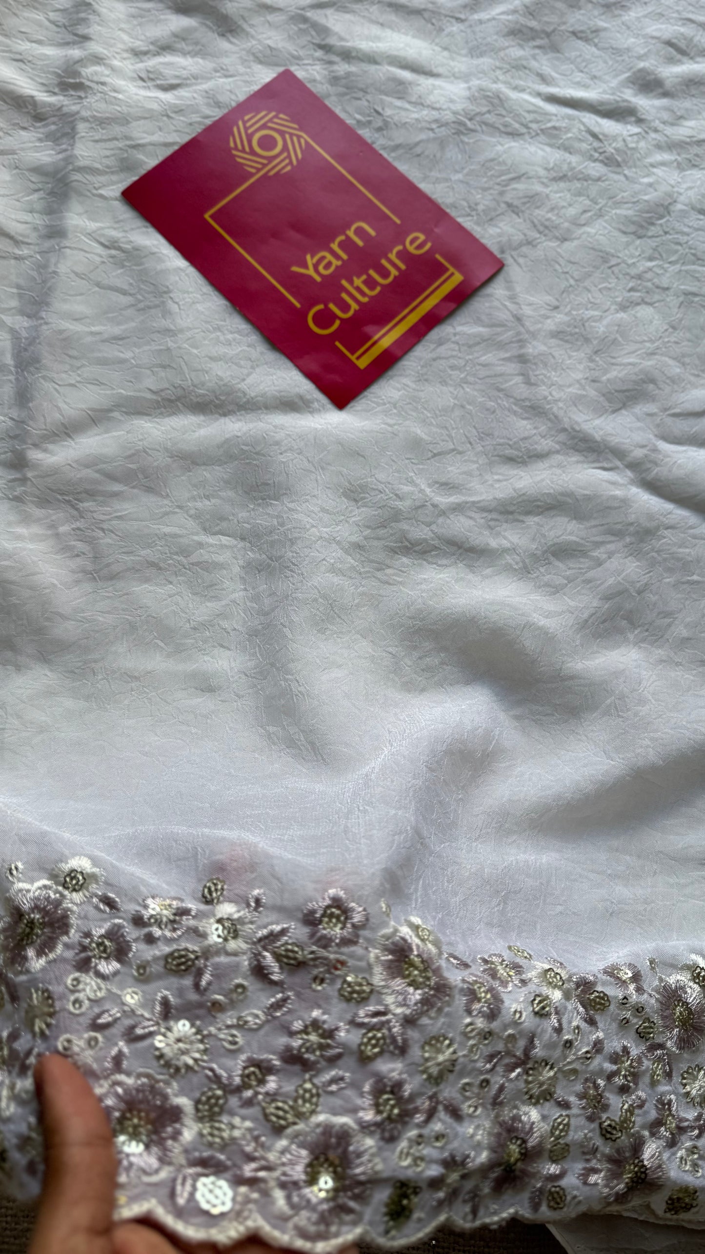 White Whimsy - white with floral sequins embroidered borders, semi-crepe- YCDOSNO48