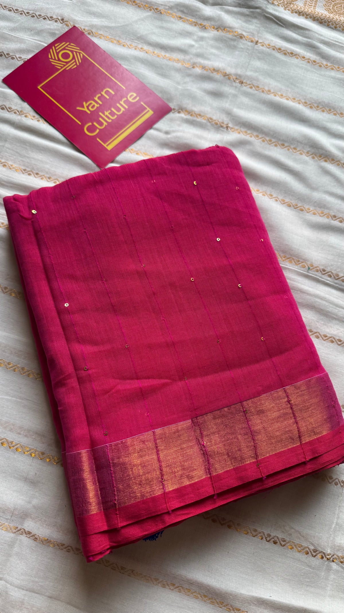 Hot pink mul cotton saree with sequins and zari border - YCBCMCSE34