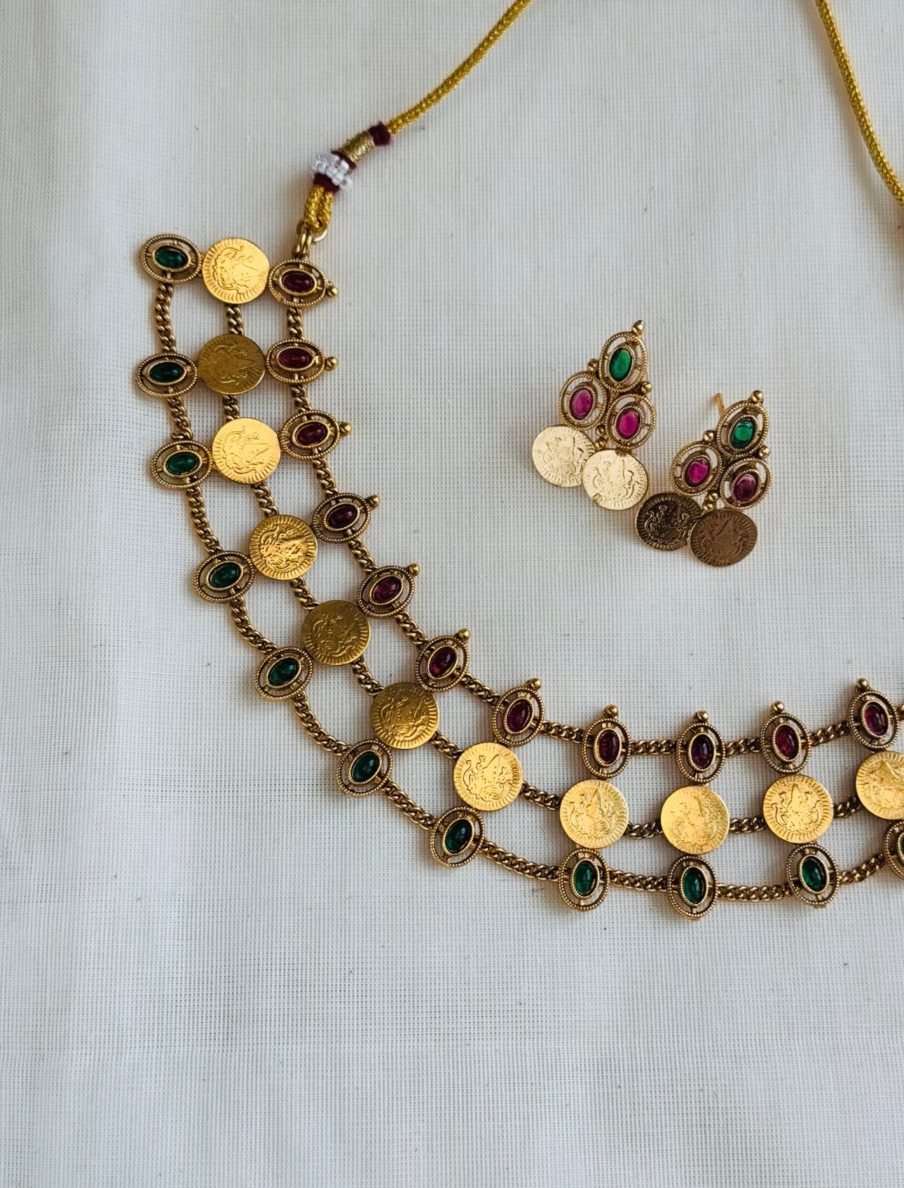 Three layered coin necklace, ruby and green stones, with earrings - YCGPNP770