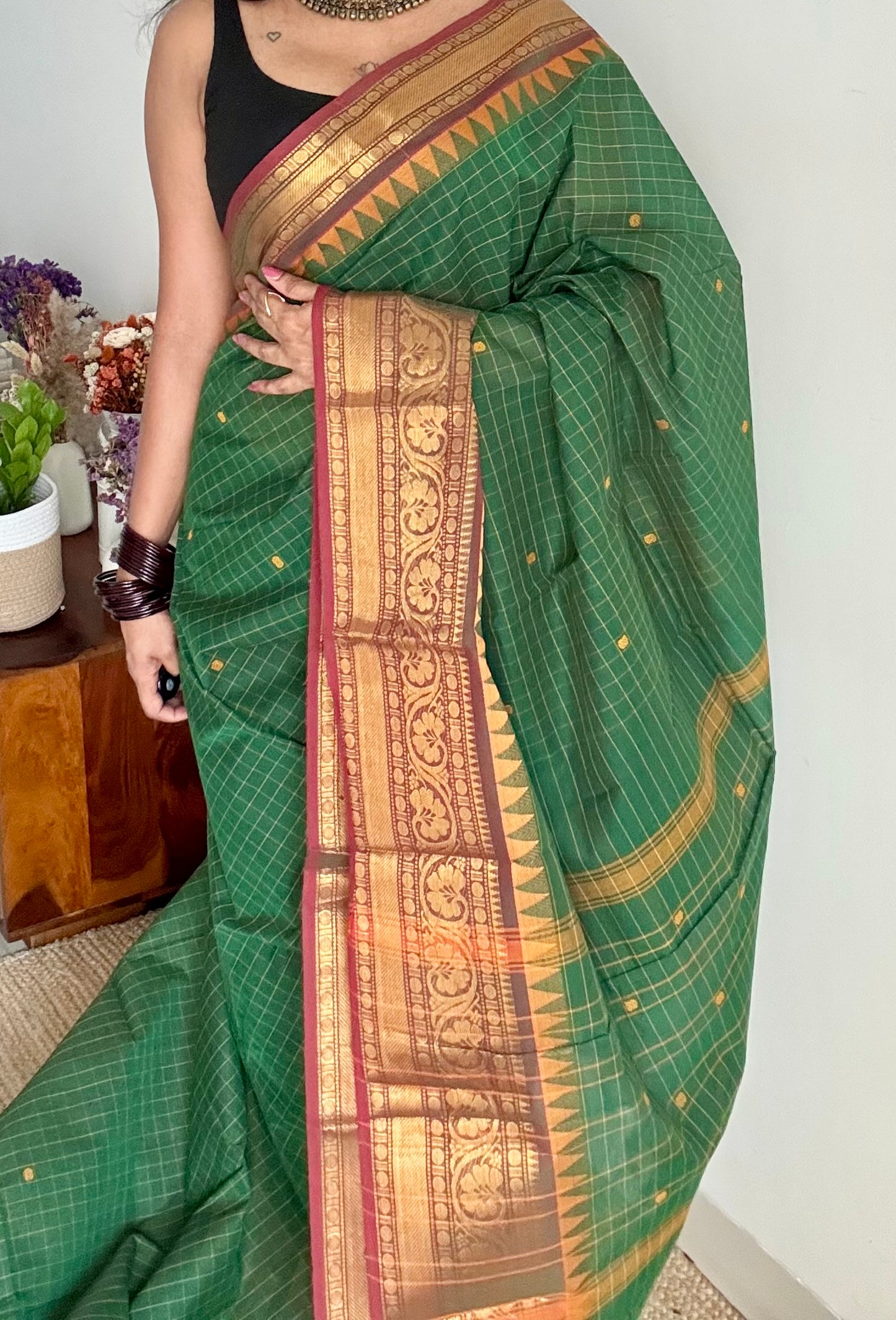 Kanchi cotton saree, green checks with maroon temple motif border - YCCOTNAP78