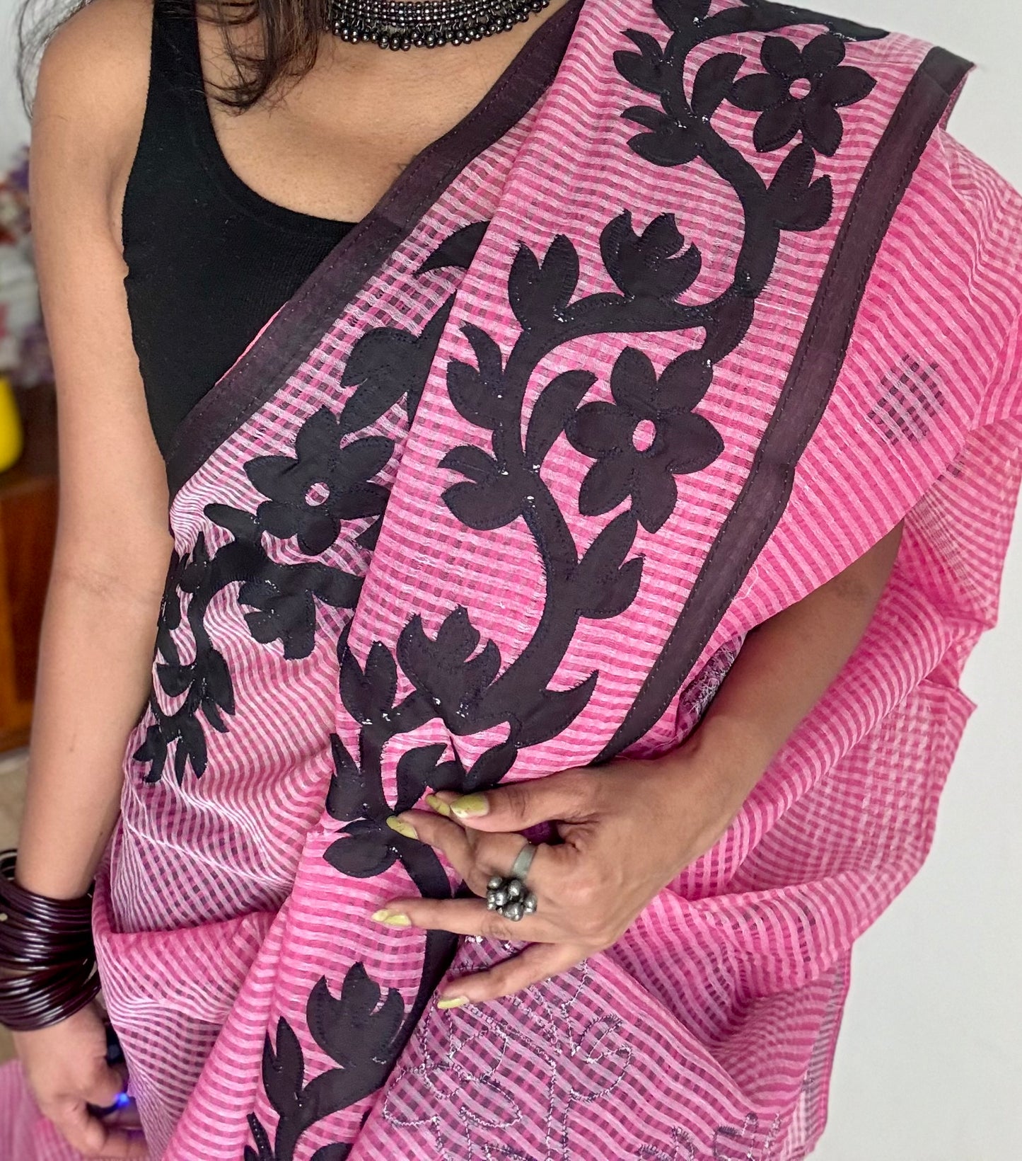 Gulaabi Drama - pink kota saree with black floral cut work - YCTORKDAP17