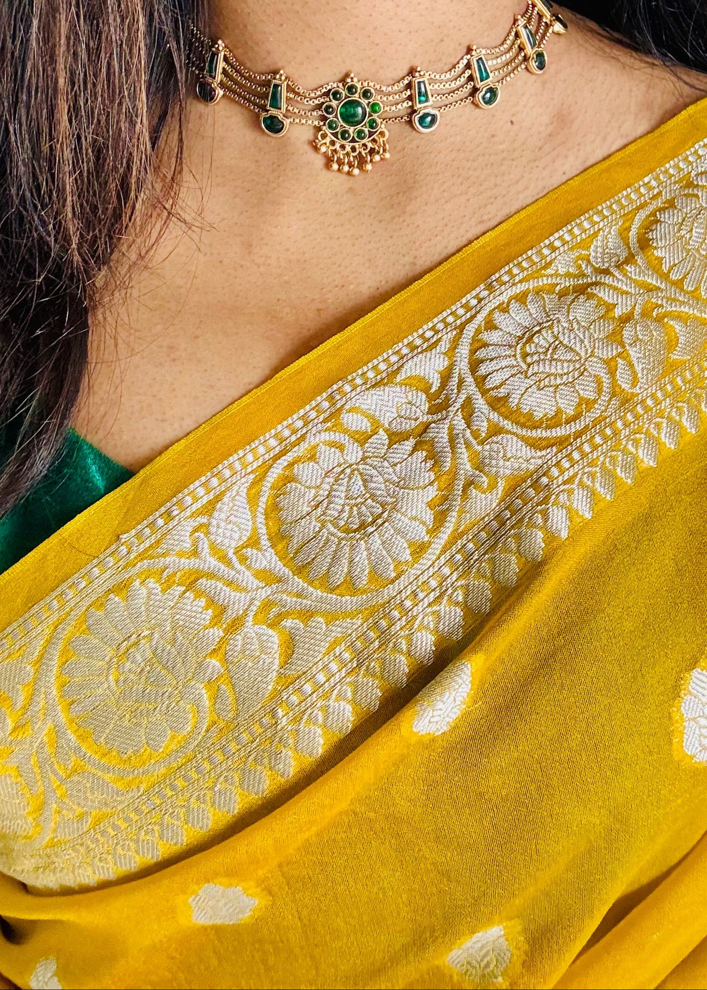 4 layered green pendant neckpiece with earrings - YCGPNP639