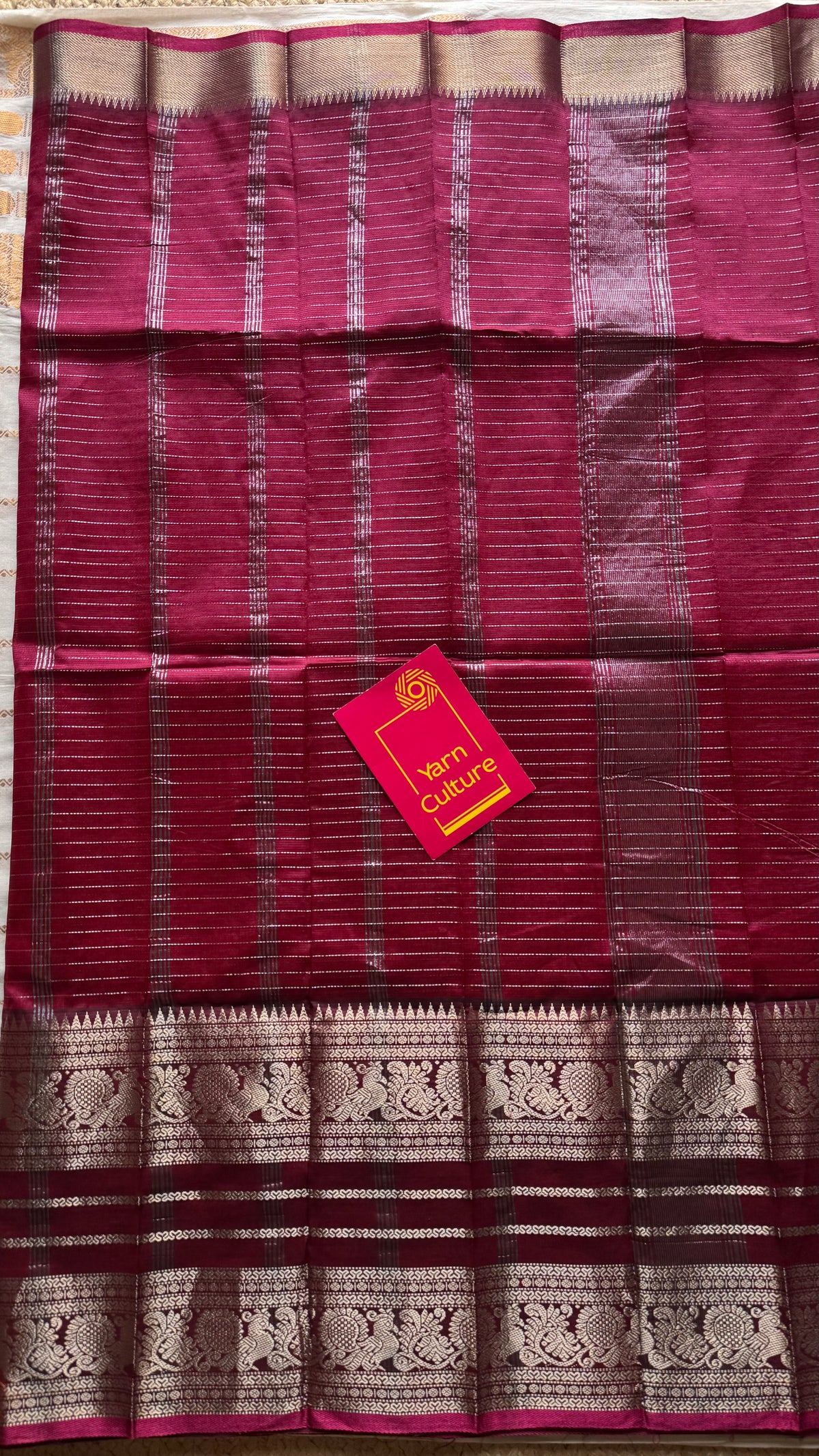 Black with dark pink silver zari checks, silver and gold peacock woven zari border, mangalgiri silk cotton, handwoven, soft, light weight - YCWOTDMSCOC123