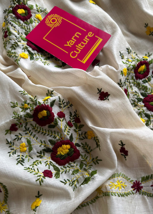 Ivory maheshwari cotton silk blend with deep maroon and light yellow floral kantha threadwork - YCBLJULMK06