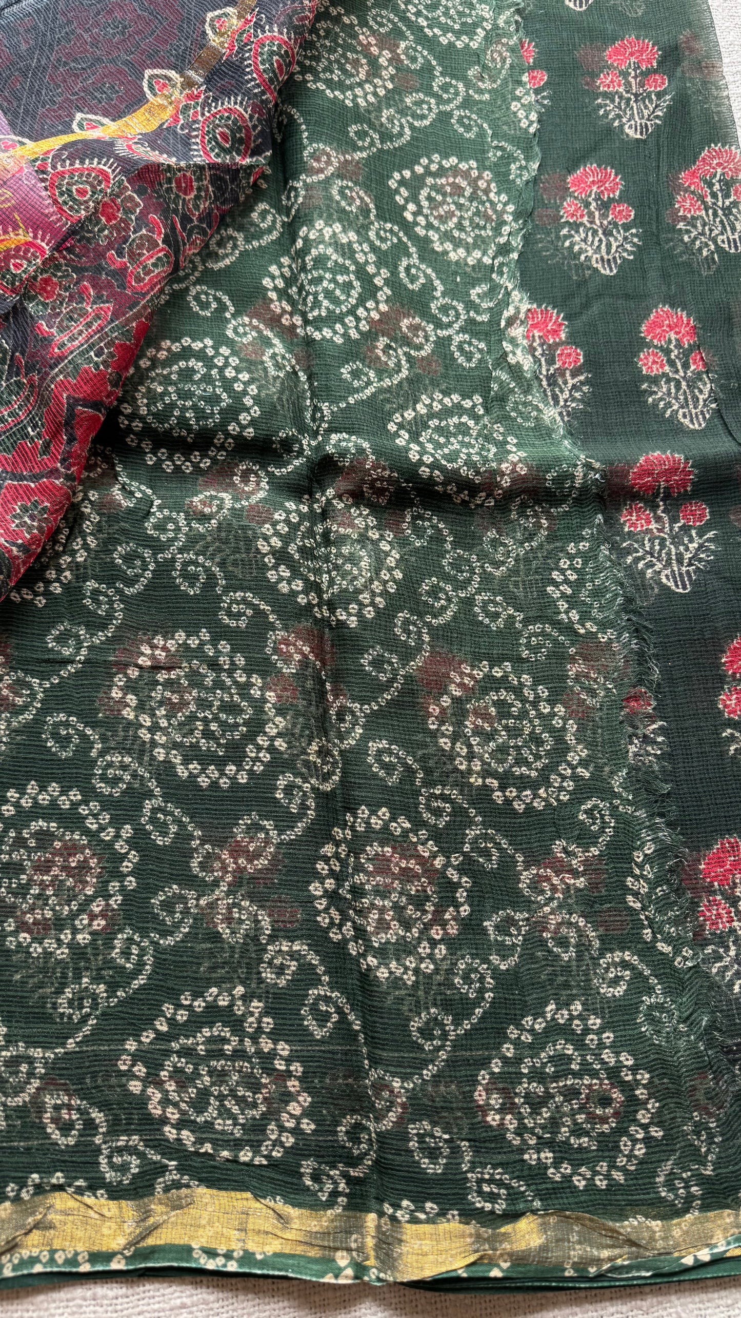Mirchi Mix - dark green with red floral kota doria saree, with gold zari border - YCTORKDJU28