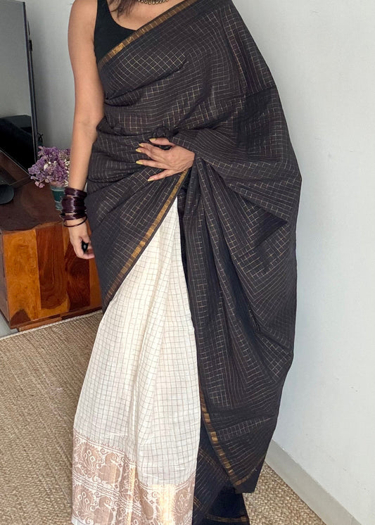 Black with ivory, sungudi cotton half-half saree - YCCOTNMSFE347