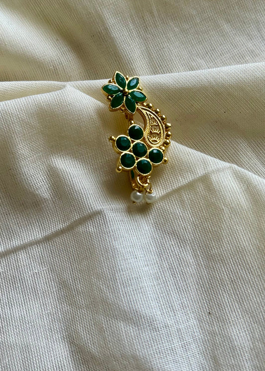 Gold plated, green coloured stone, clip on Maharashtrian nath - YCGPNC205