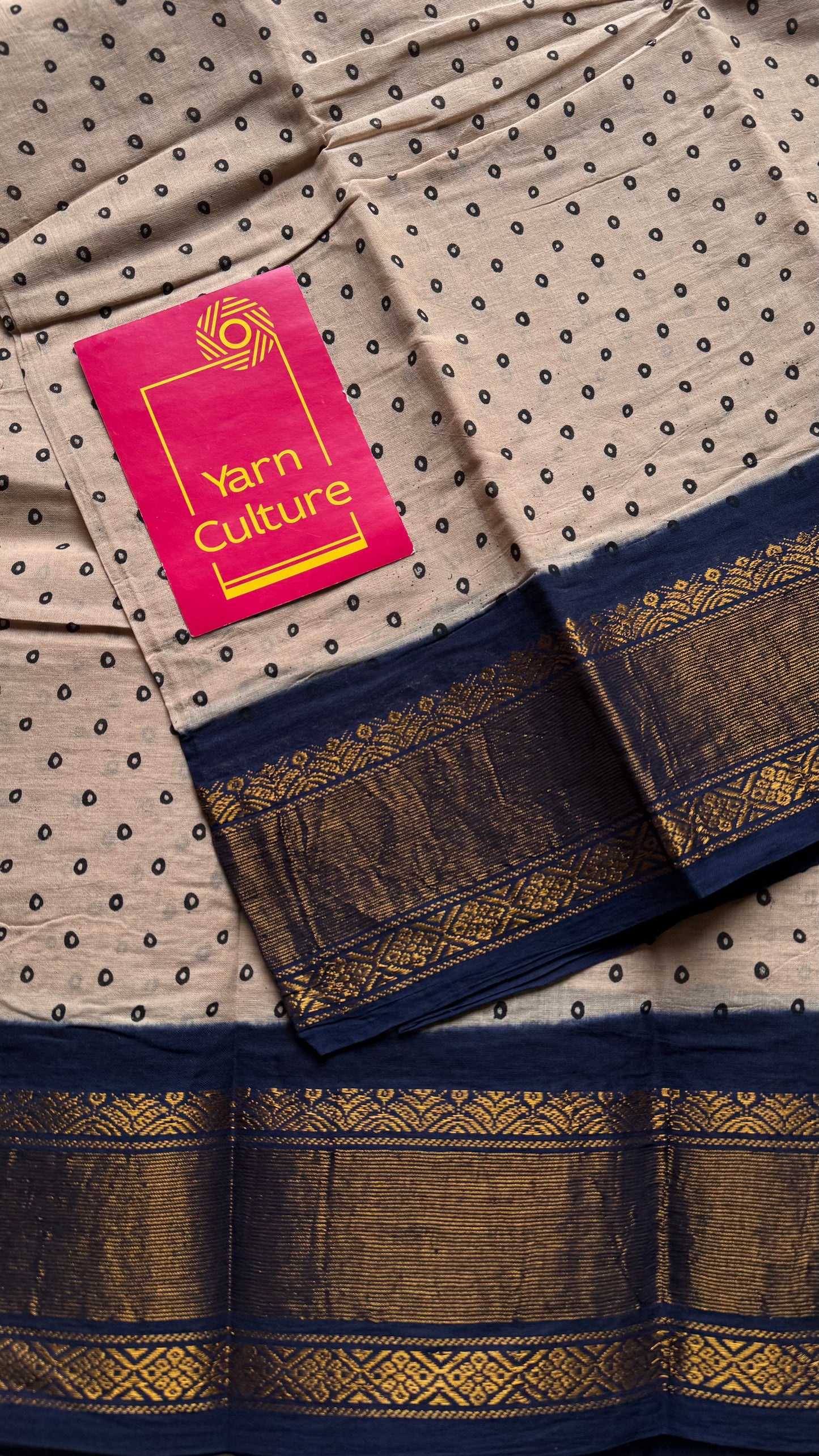 Sandal and dark blue with antique gold zari border, kattuchayam dyed madurai cotton saree - YCCOTNMSJUL12