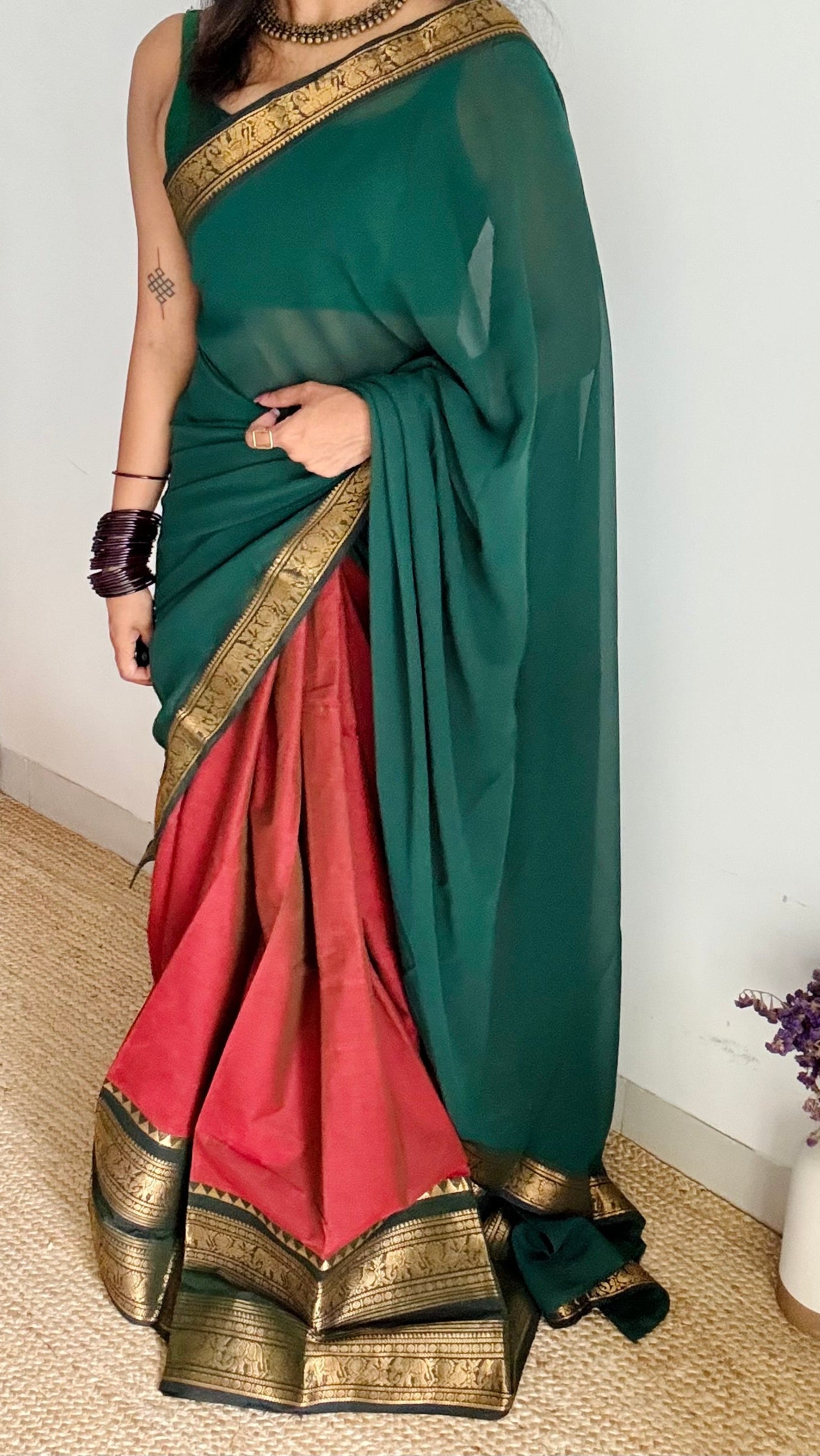 Dual tone Maroon - Green unstitched half saree material (dhavani), kanchi cotton - YCIEHS209