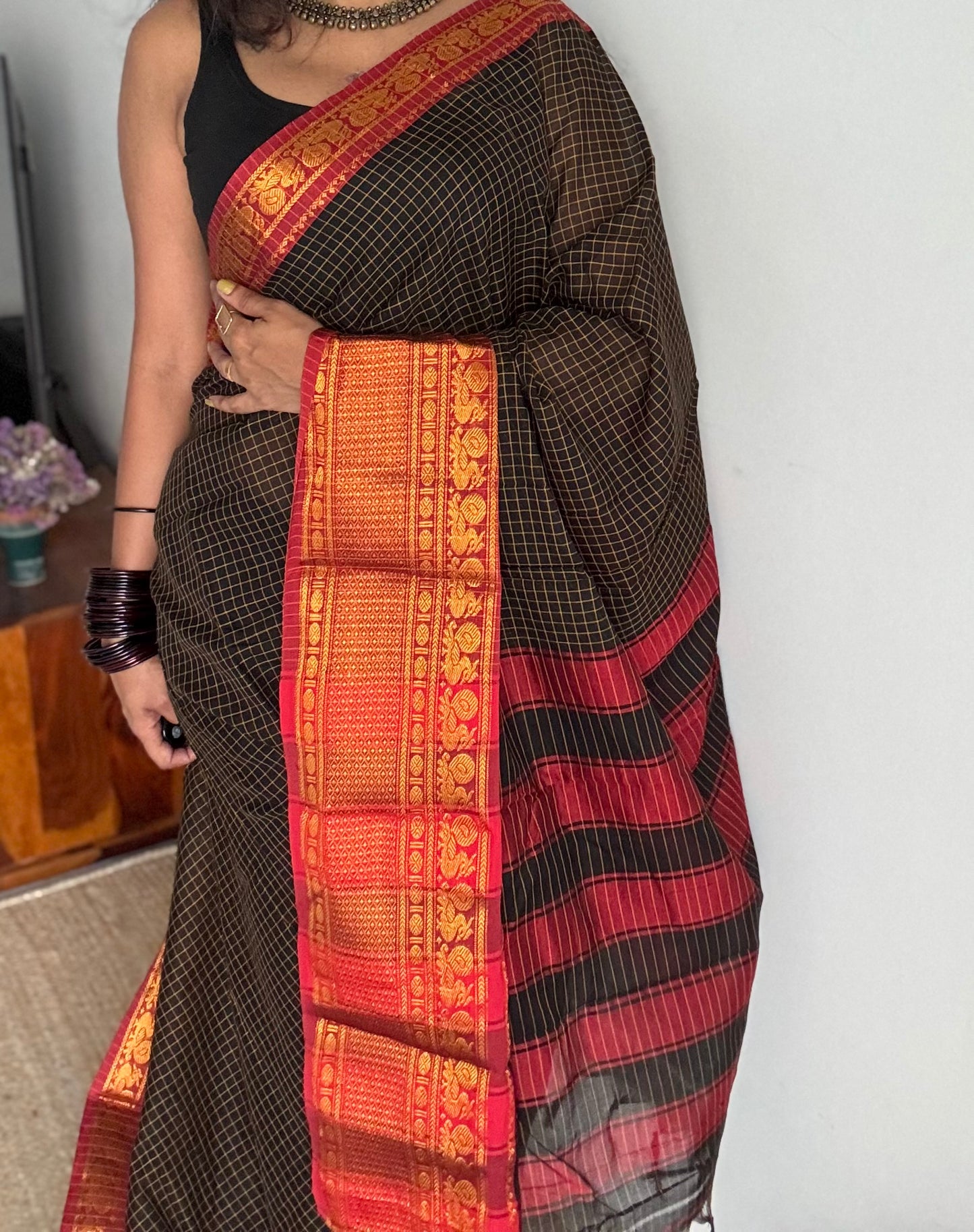 Black checks with red zari border, premium narayanpet, soft cotton - YCWOTDNPCFE20