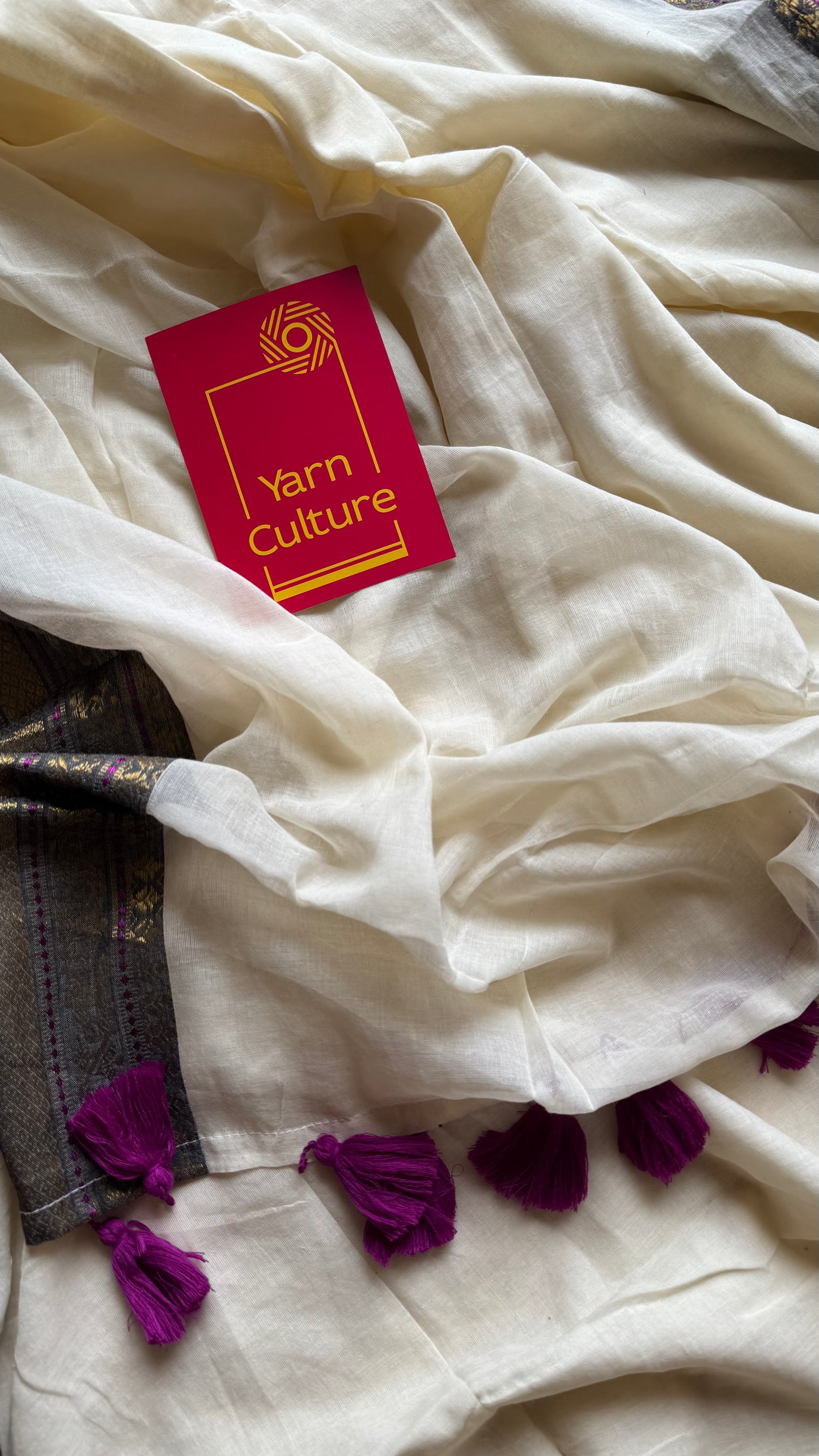 Ivory mul saree, purple pink and antique gold kanchi border - YCIEON30