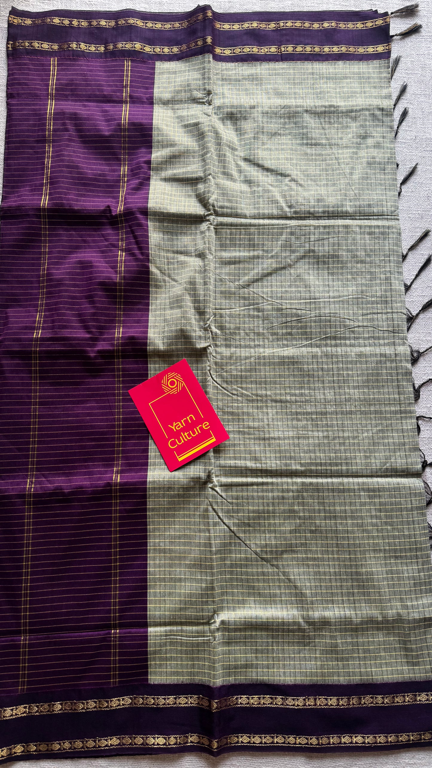 Grey with wine contrast arani checkered saree, cotton silk - YCCOTNKCFE69