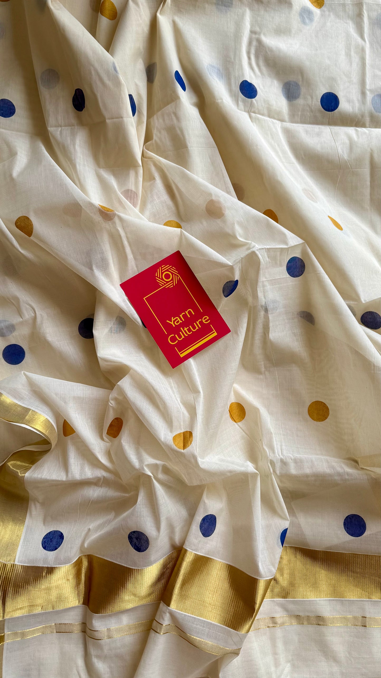 Ivory and gold soft cotton kasavu saree, navy blue and yellow polka - YCIEON73